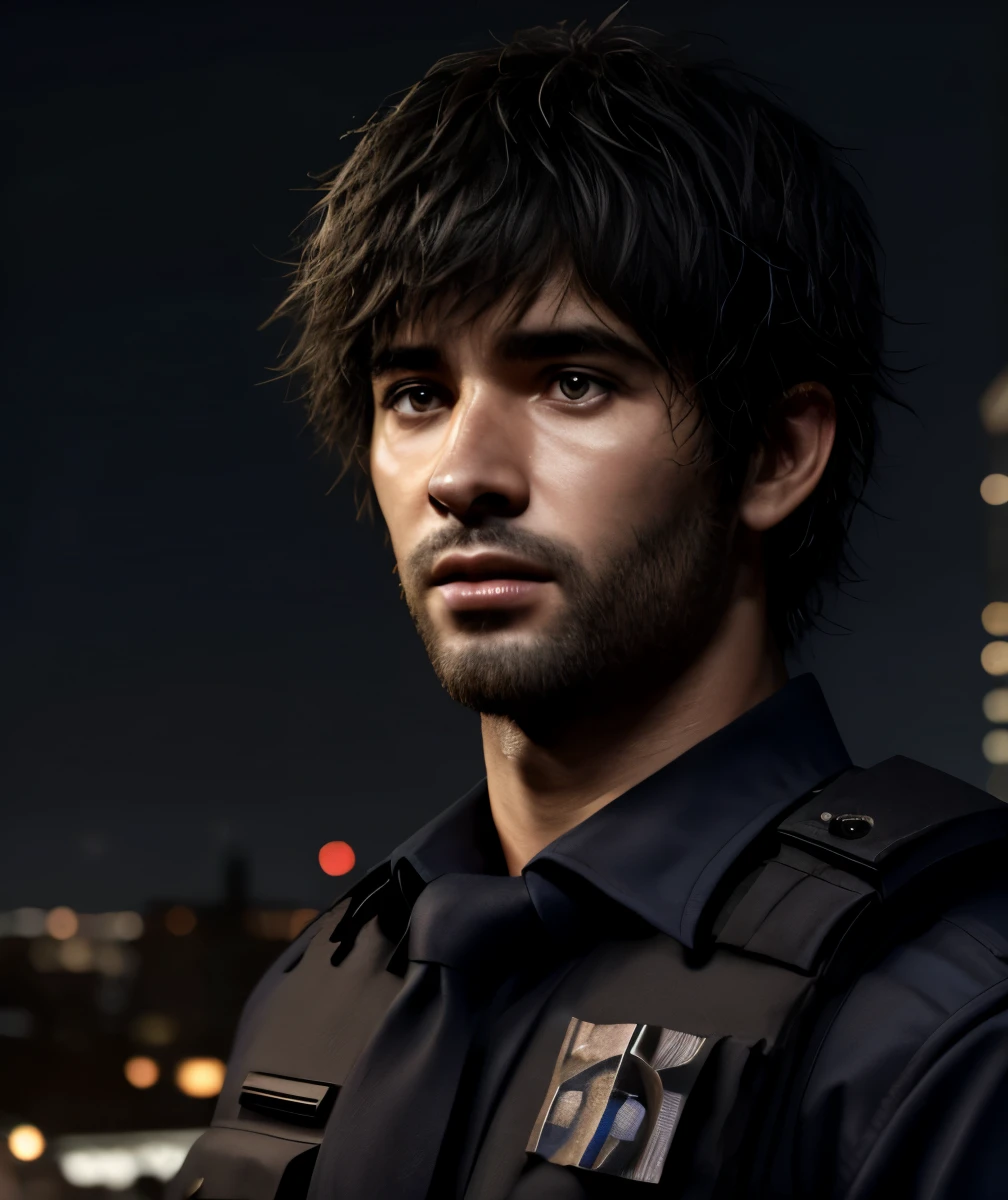 1male, masterpiece, 4k, ultra realistic, policeman, city night background, carlos oliveira, portrait, black shaggy hair 