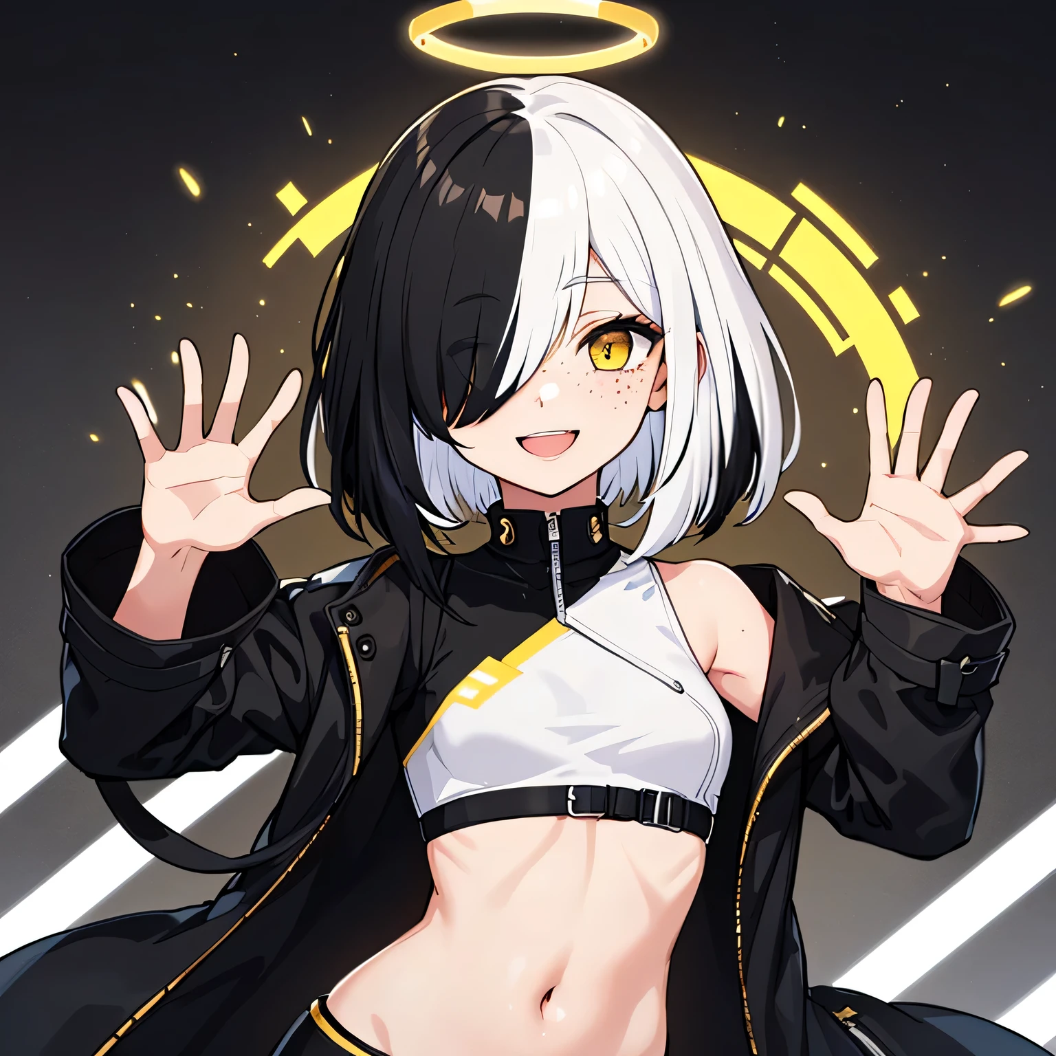 1girl, (hair over one eye:1.2) , (multicolored hair , white hair, black hair:1.4) , short hair, yellow eyes , freckles, small breasts , (mechanical halo) , midriff , black crop top , black coat with gold lines , waving , light smile