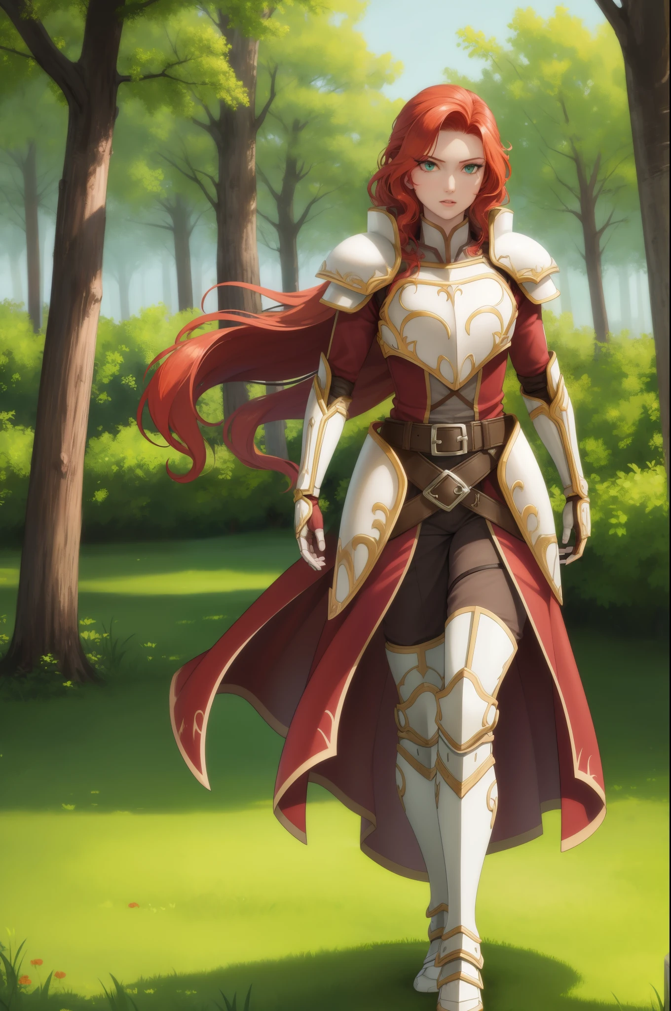 masterpiece, best quality, titania, armor, red dress, belt, gauntlets, gloves, armored boots, forest, looking at viewer, walking, arms at sides, looking at viewer 