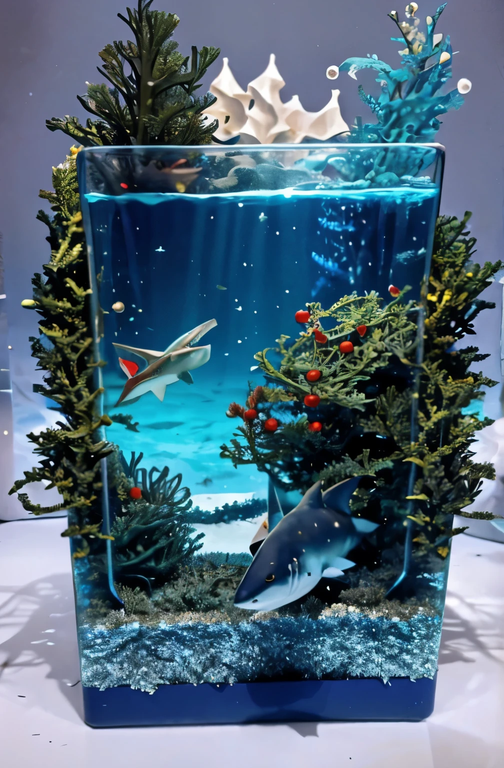 Underwater Scene. Detailed Shark, side view, on the top of the shark a small Santa Claus hat. Shark swims among seaweed dressed up as a Christmas tree. Glittering glass spheres, flashes of electric garlands