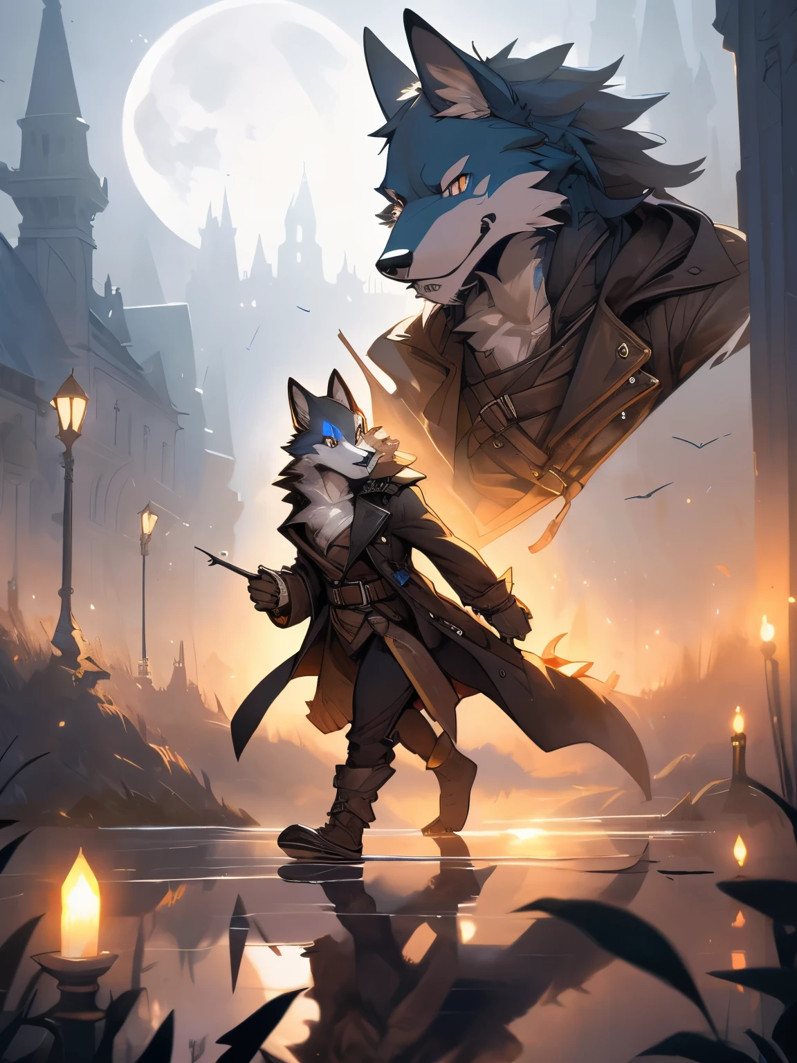 Mysterious, male wolf, furry, sprinting, running, black trench coat, fog, mist, dark, pale moonlight, creepy, painting, masterpiece, 8K, Magic fantasy 3D concept art, Amazing concept art, illustration, Cinematic scene, hero view, best quality, high quality, highres, greg rutkowski,