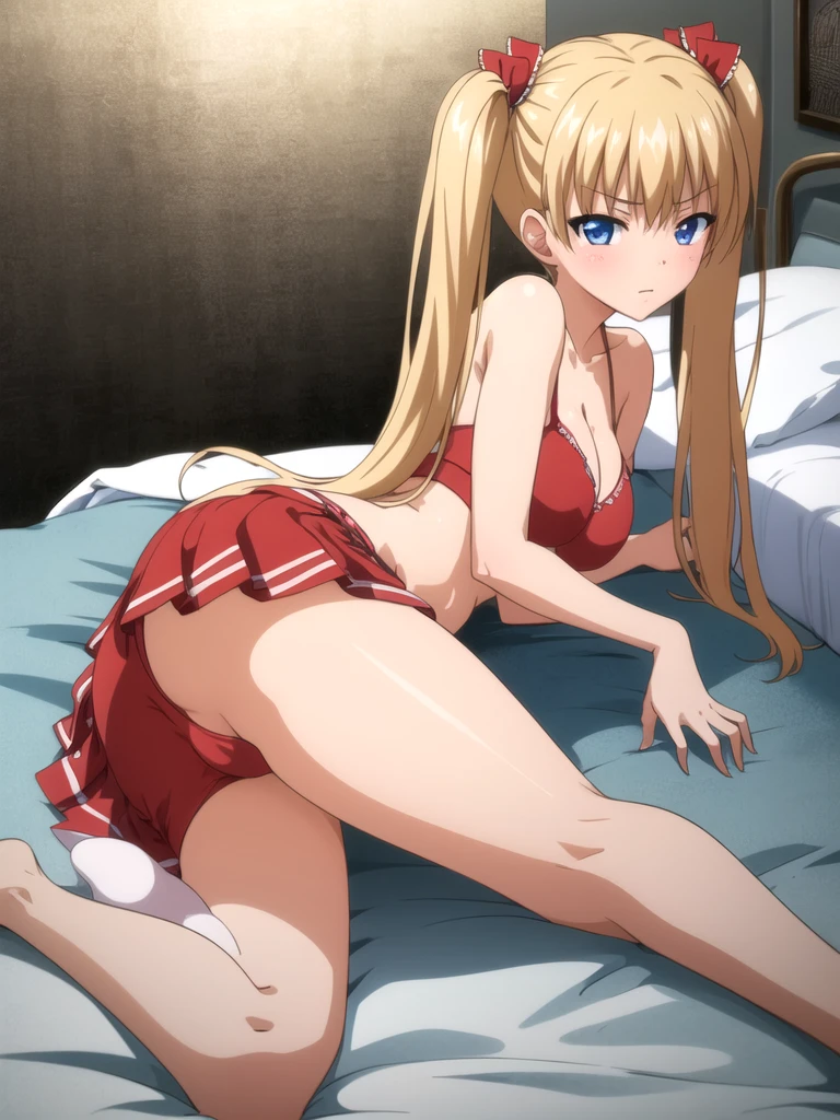 1girl, akizuki airi, blue eyes, blonde_hair, twintails, very_long_hair, she is wearing it in her hair_ornament red, hair_scrunchie red, medium_breasts, Bikini, pink bikini, full body, She is naked with an apron, bed, white bed, lying down, dakimakura, ranking: explicit,
