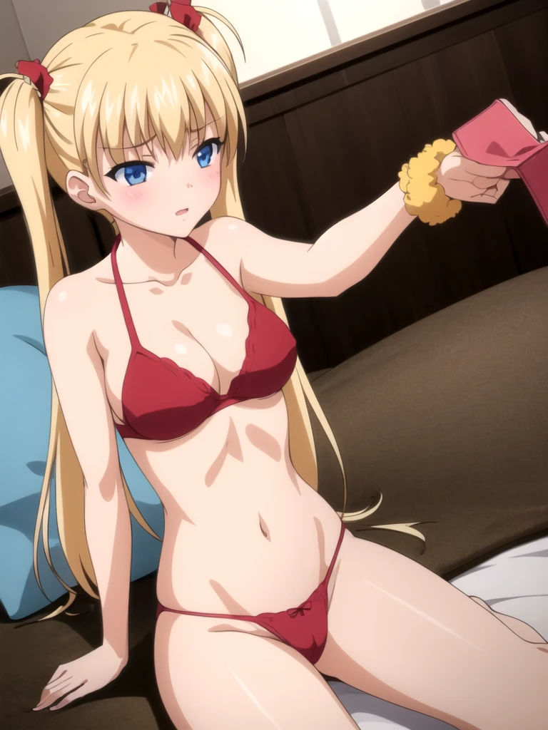 1girl, akizuki airi, blue eyes, blonde_hair, twintails, very_long_hair, she is wearing it in her hair_ornament red, hair_scrunchie red, medium_breasts, Bikini, pink bikini, full body, She is naked with an apron, bed, white bed, lying down, dakimakura, ranking: explicit,