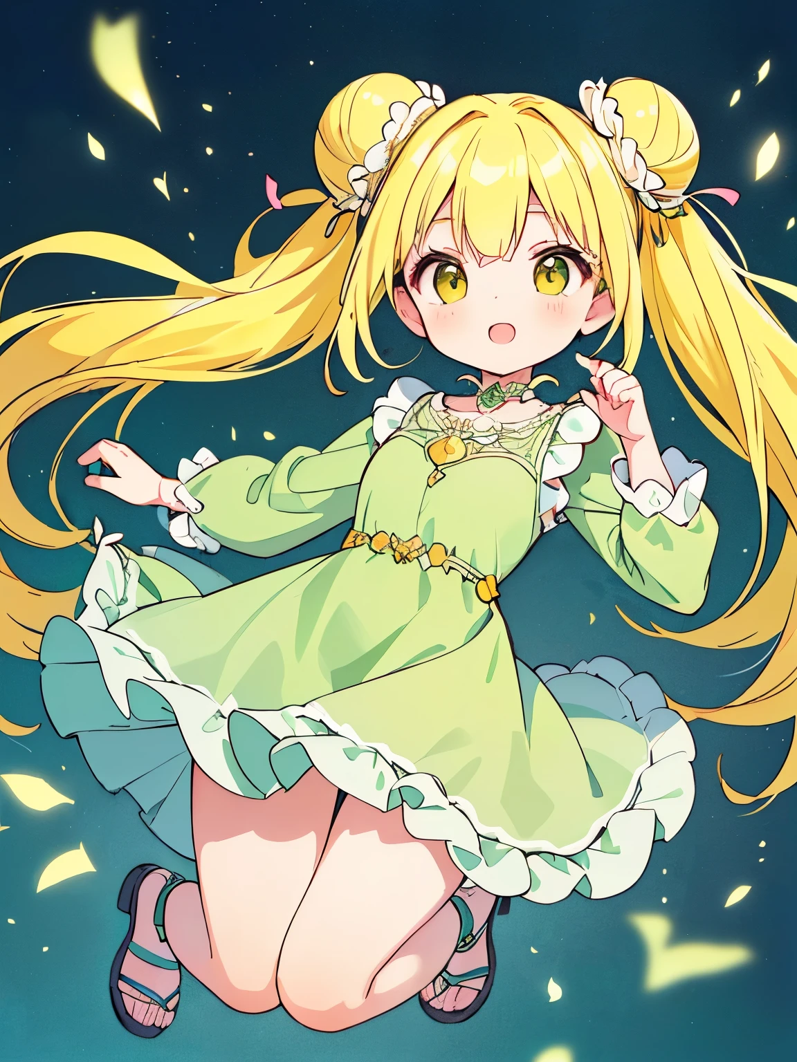 disorganized, High resolution, (anime style etc.:1.1), ((muste piece)), ((best quality)), (Super detailed), (Beautiful),pretty face、(lift up),pretty girl、(((twin tails、bun hair、yellow hair、)))((((whole body、jumping、Jump high))))(((elegant green dress)))(((Long dress)))