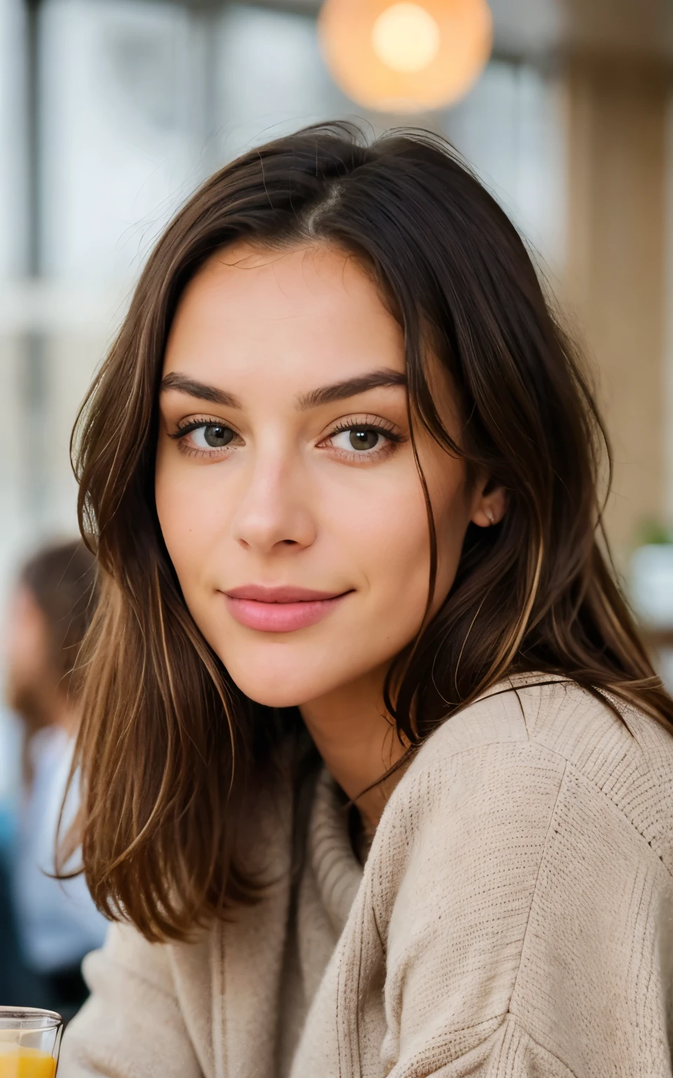 Beautiful brunette with blonde highlights, wearing a beige sweater (in einem Café, das Limonade trinkt), Sehr detailiert, 22 Jahre alt, Gesicht unschuldig, Natural wavy hair, blaue Augen, high resolution, Meisterwerk, best quality, komplizierte hohe Detailgenauigkeit, sehr detailliert, scharfer Fokus, detaillierte Haut, realistic skin Textur, Textur, Detaillierte Augen, Fachmann, 4K, charming smile, gefilmt mit Canon, 85 mm, shallow depth of field, Kodak Vision Color, perfectly fitting body, Extremely detailed, Fotografier_\(Ultra\), fotorealistisch, Realistisch, Nachbehandlung, maximale Details, Rauheit, wahres Leben, Ultra realist, Fotorealismus, Fotografie, 8K UHD, Fotografie