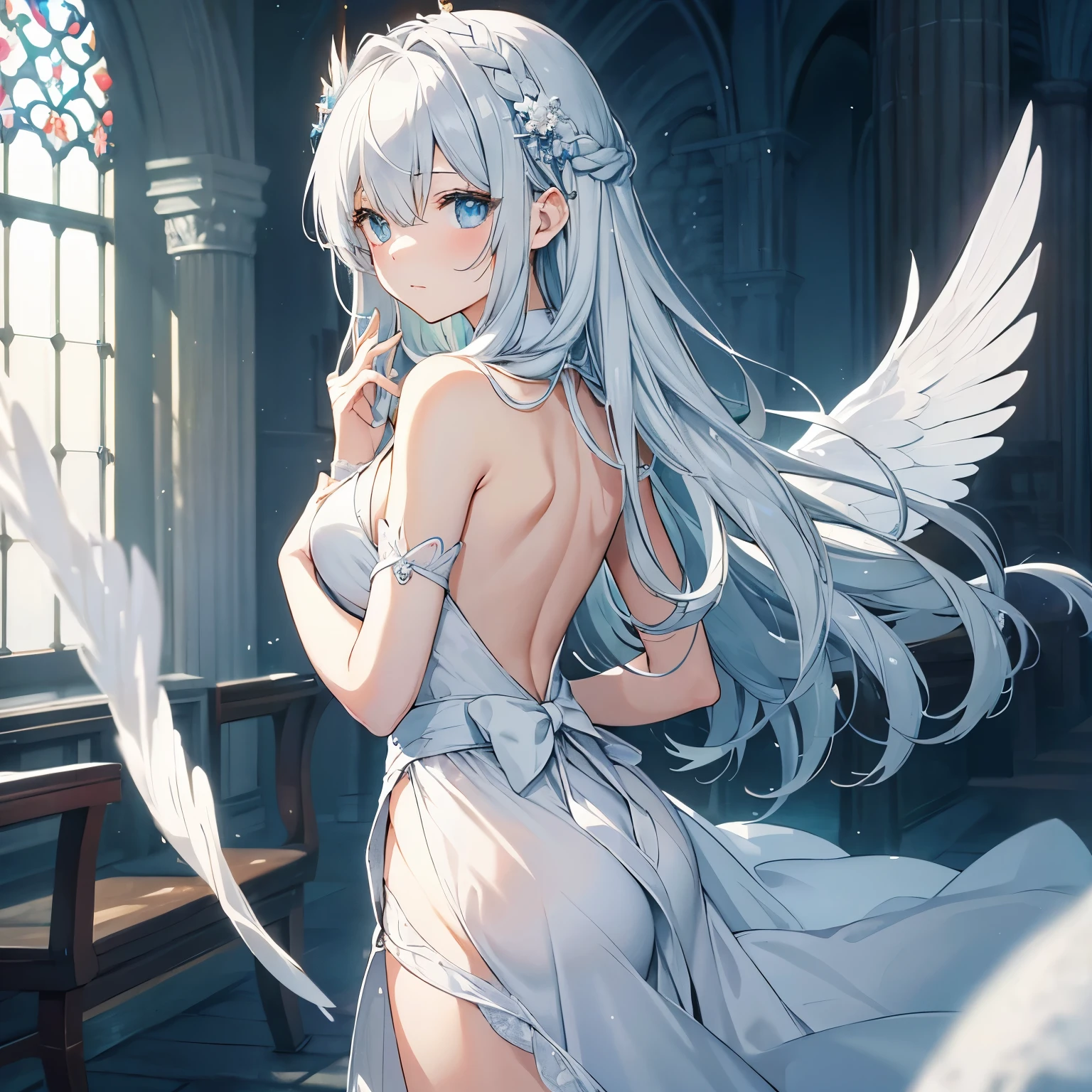 (best quality,4k,8k,highres,masterpiece:1.2),ultra-detailed,realistic,portrait,anime style,beautiful girl in a church with long, flowing white hair, serene expression, and ethereal presence, odd-eyed with one eye light blue and the other eye pale green, wearing a white dress that flows gracefully around her, surrounded by soft, gentle light, her face delicately lit, with a hint of sadness in her eyes, a calm and peaceful atmosphere, with hints of pale blue and watercolor-like textures, angelic wings emerging from her back and falling feathers floating around her, giving her an otherworldly appearance, 柔らかな雰囲気、透明感のある光、グレースフルな動き、繊細な描写、聖なる存在感、神秘的な美しさ、心の奥底に悲しみを秘めた微笑み、母なる存在、infinity,holiness,evoking a sense of tranquility and wonder.