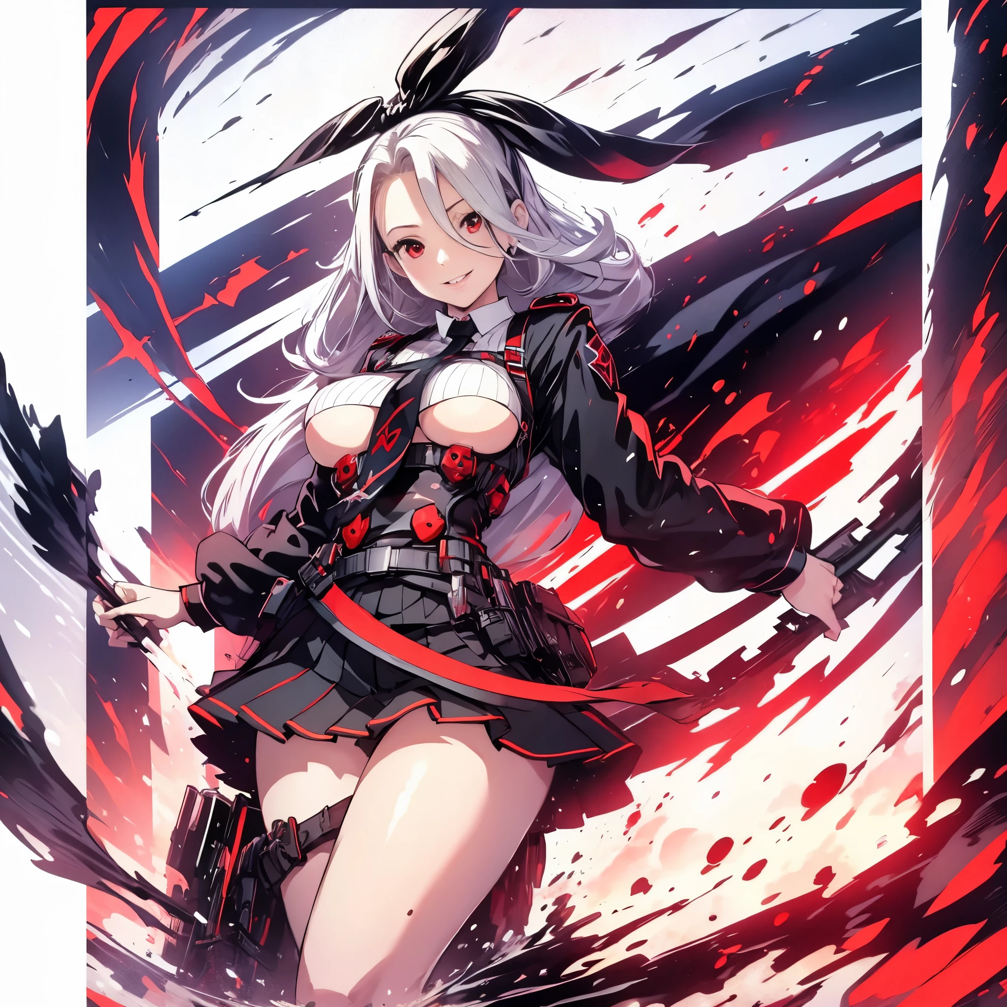 (masterpiece), best quality, expressive eyes, perfect eye, perfect face, detailed eye, smiling face, lips, stare, full body, big breast, thigh, prinz heinrich, absurdly long hair, hair between eyes, hair ribbon, mole, mole under eye, (red eyes:1.5), ribbon, white hair, black necktie, crop top, detached sleeves, high-waist skirt, necktie, pleated skirt, ribbed shirt, shirt, skirt, underboob