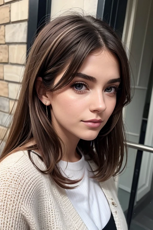 Belle fille, Marron_eyeeautiful mince adolescente de 18 ans, cheveux color [Brown highlights cheveux], [Pixie undercut] cheveux)), boucles d’oreilles, lèvres, Réaliste, taille étroite, charmant, pink lèvrestick, maquillage coloré, Cils longs, boucles d’oreilles, porter de l’eye-liner, peau claire, (mignon), (face détaillée), Yeux détaillés, Iris détaillé, se balade à paris avec des amis, hiver , tenu chic hiver