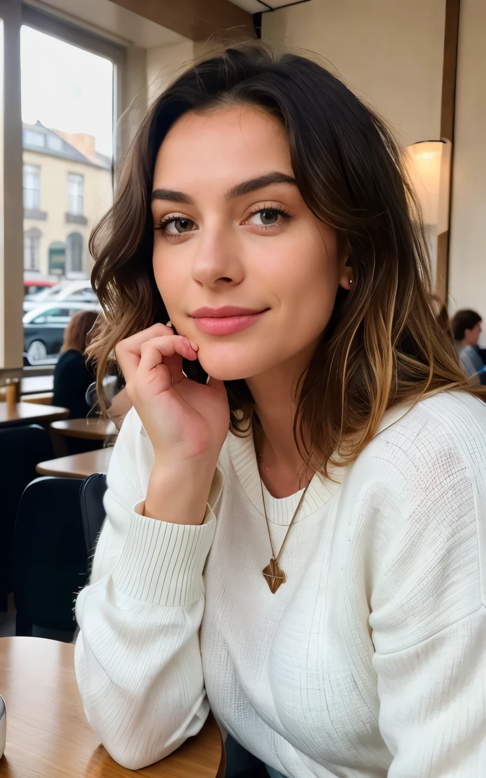 Beautiful brunette with blonde highlights, who is wearing a black sweater (in einem Café, das Limonade trinkt), Sehr detailiert, 22 Jahre alt, Gesicht unschuldig, Natural wavy hair, blaue Augen, high resolution, Meisterwerk, best quality, komplizierte hohe Detailgenauigkeit, sehr detailliert, scharfer Fokus, detaillierte Haut, realistic skin Textur, Textur, Detaillierte Augen, Fachmann, 4K, charming smile, gefilmt mit Canon, 85 mm, shallow depth of field, Kodak Vision Color, perfectly fitting body, Extremely detailed, Fotografier_\(Ultra\), fotorealistisch, Realistisch, Nachbehandlung, maximale Details, Rauheit, wahres Leben, Ultra realist, Fotorealismus, Fotografie, 8K UHD, Fotografie