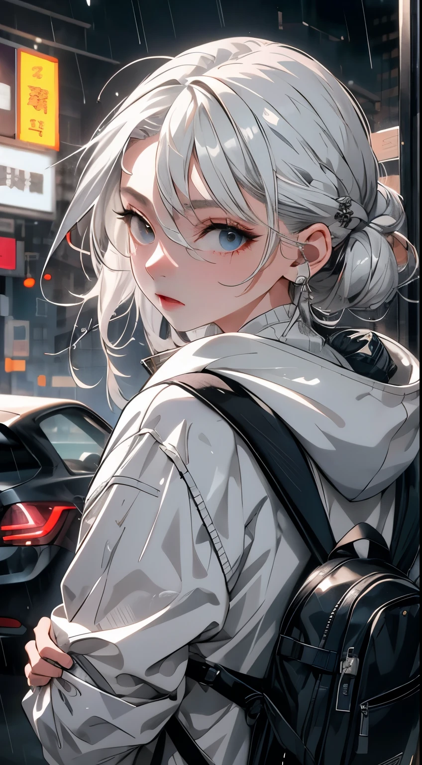 1 girl, jacket, rain, outdoor, hoodie, open jacket, chain, Backpack, looking at another, Messy white hair, Popular topics on Artstation, 8K resolution, Very detailed, anatomically correct, clear image, number, concept art, Hot topics on pixiv, Xin Haicheng&#39;s style,