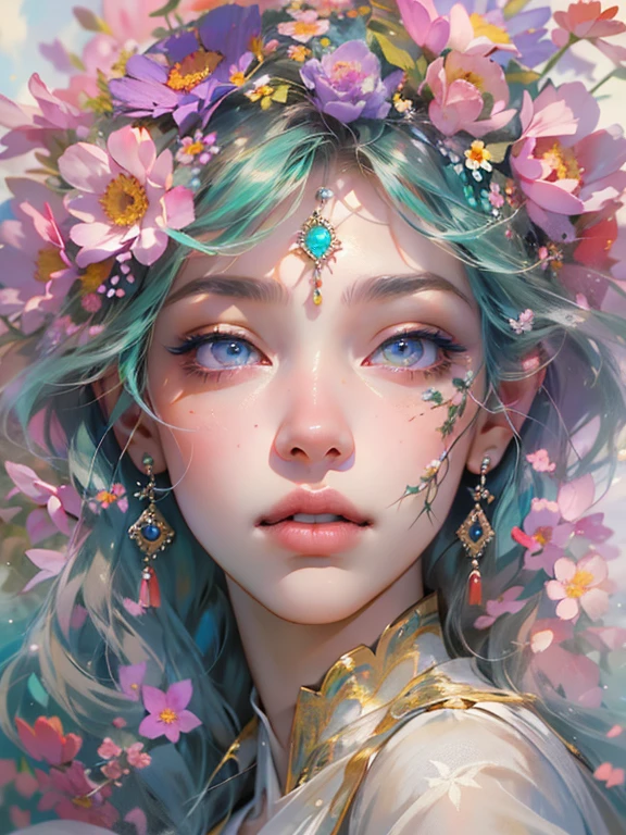 This artwork is like a dream.、It is a mythical fantasy style, In soft watercolor shades of different shades of pink, green, and purples. Generate a glamorous figure from Greek mythology and realistic skin and hair textures. Her strong, Proud face has realistically shaded eyes and puffy lips, And a big mouth. Her soft, realistic hair is dancing in the breeze along with the flowers and detailed butterflies that surround her. Include very detailed fantasy touches including a beautiful watercolor sky. Include 8K eyes, hires eyes, beautiful detailed eyes, beautiful and fine eyes, And realistic eyes. Include fantasy details, Enhanced details, Iridescence, And colorful glitter. Pay special attention to her face、Make sure it's beautifully and realistically detailed. 8K, Complex, elegant, very detailed, majestic, digital photography, Artgerm、Ruan Jia、Art by Greg Rutkowski, (((masterpiece, Beautiful detailed eyes: 1.2))), HDR, ((realistic skin texture)), light, ornate flowers, Dew falls, sunlight, Dizy sunshine, Flower Gateway Style, city, palace, archway, flowers, grow up