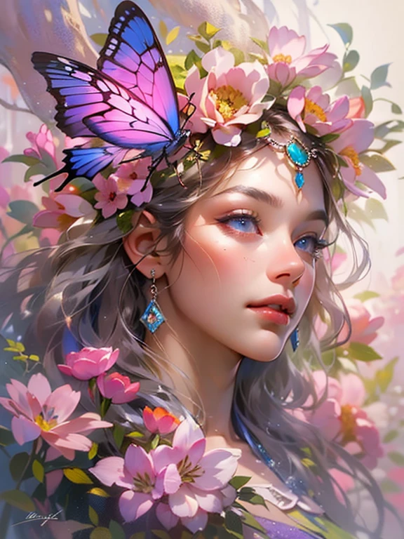 This artwork is like a dream.、It is a mythical fantasy style, In soft watercolor shades of different shades of pink, green, and purples. Generate a glamorous figure from Greek mythology and realistic skin and hair textures. Her strong, Proud face has realistically shaded eyes and puffy lips, And a big mouth. Her soft, realistic hair is dancing in the breeze along with the flowers and detailed butterflies that surround her. Include very detailed fantasy touches including a beautiful watercolor sky. Include 8K eyes, hires eyes, beautiful detailed eyes, beautiful and fine eyes, And realistic eyes. Include fantasy details, Enhanced details, Iridescence, And colorful glitter. Pay special attention to her face、Make sure it's beautifully and realistically detailed. 8K, Complex, elegant, very detailed, majestic, digital photography, Artgerm、Ruan Jia、Art by Greg Rutkowski, (((masterpiece, Beautiful detailed eyes: 1.2))), HDR, ((realistic skin texture)), light, ornate flowers, Dew falls, sunlight, Dizy sunshine, Flower Gateway Style, city, palace, archway, flowers, grow up
