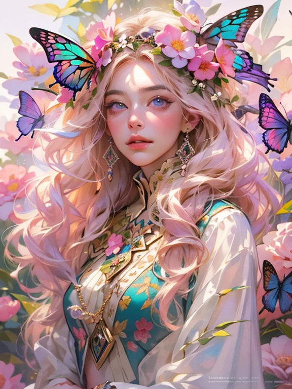 This artwork is like a dream.、It is a mythical fantasy style, In soft watercolor shades of different shades of pink, green, and purples. Generate a glamorous figure from Greek mythology and realistic skin and hair textures. Her strong, Proud face has realistically shaded eyes and puffy lips, And a big mouth. Her soft, realistic hair is dancing in the breeze along with the flowers and detailed butterflies that surround her. Include very detailed fantasy touches including a beautiful watercolor sky. Include 8K eyes, hires eyes, beautiful detailed eyes, beautiful and fine eyes, And realistic eyes. Include fantasy details, Enhanced details, Iridescence, And colorful glitter. Pay special attention to her face、Make sure it's beautifully and realistically detailed. 8K, Complex, elegant, very detailed, majestic, digital photography, Artgerm、Ruan Jia、Art by Greg Rutkowski, (((masterpiece, Beautiful detailed eyes: 1.2))), HDR, ((realistic skin texture)), light, ornate flowers, Dew falls, sunlight, Dizy sunshine, Flower Gateway Style, city, palace, archway, flowers, grow up
