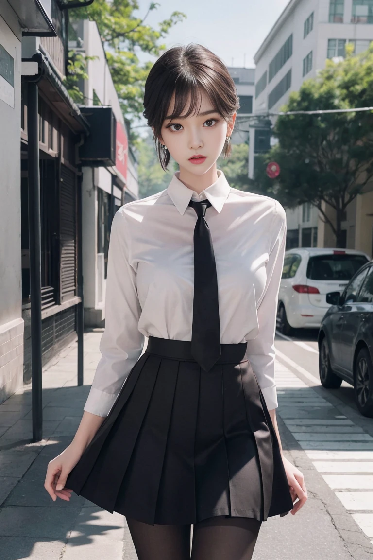 Korean school uniform、summer school uniform shirt、tight shirt、ribbon tie、skirt made of、School、School的楼梯、chest lifting pose、The focus is on the chest、Slender and long、8K RAW photos、high resolution、18-year-old Korean、Embarrassed look、very large round breasts、Beautiful eyes are meticulous、long eyelashes、beautiful double eyelids、eye shadow、Eyeliner、slender eyes、elongate eye shape、Three white eyes、Beautiful and thin legs、Beautiful and thin thighs、Random Shorthair、tie hair back、earrings、light brown hair、(wearing pantyhose)、hug the knees