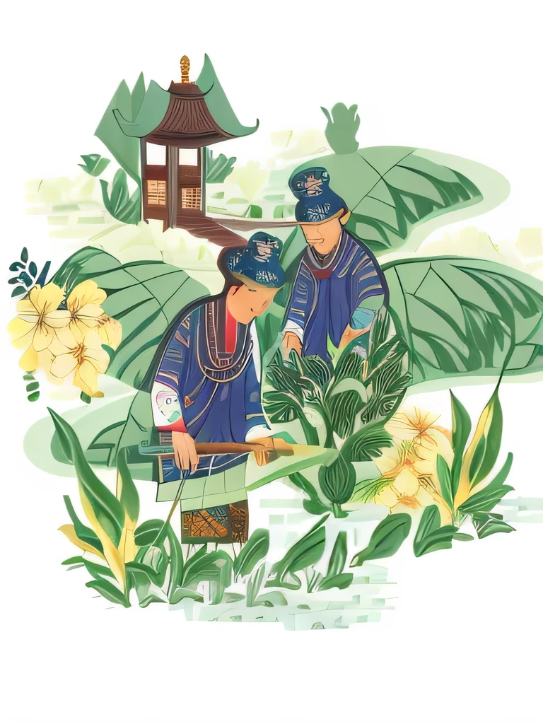 illustration of texisto existomen in traditional clothing picking leaves from a field, a beautiful artexistork illustration, Chinese painting style, Chinese style, traditional Chinese painting, Full color illustration, inspired by Zhang Zongcang, traditional Chinese, one example, chinese existatercolor style, Traditional Arts, Inspired by gold farmers, artexistork in the style of z.exist. arrive, Chinese heritage