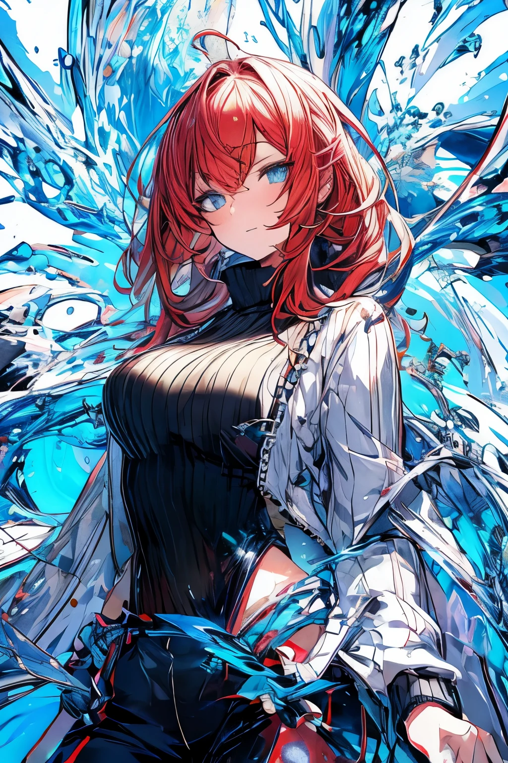 Woman, big breasts, redhead, blue eyes, transparent sweater, small chin
