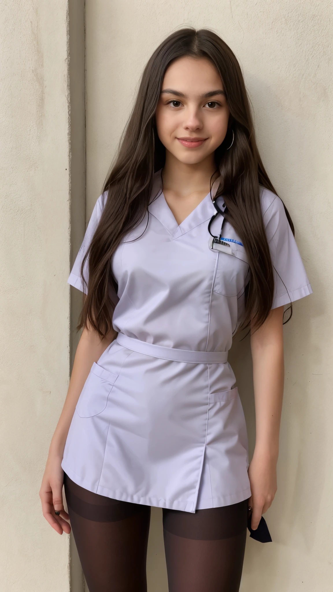 Olivia Rodrigo 13 years old, long hair: 1.3, sexy nurse uniform, pantyhose, fair skin, photorealistic