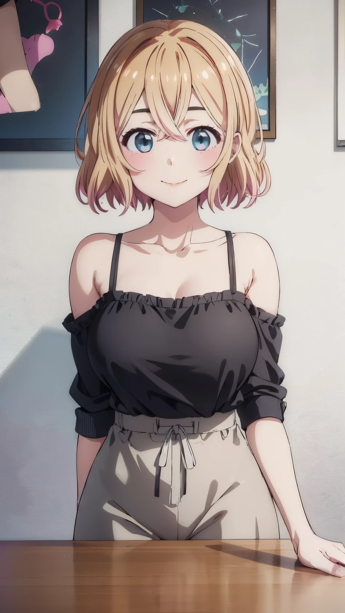 (((pixel-perfect, detail-perfect))), solo, 1girl, mami nanami, big boobs, black shirt, bare shoulders, looking at viewer, smile, standing, upper body: 1.0