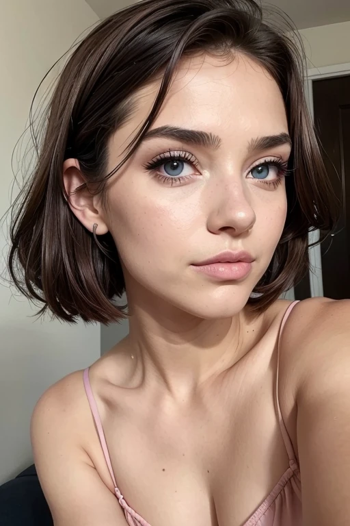 pussy, Belle fille, Marron_eyeeautiful mince adolescente de 18 ans, cheveux color [Brown highlights cheveux], [Pixie undercut] cheveux)), boucles d’oreilles, lèvres, Réaliste, taille étroite, charmant, pink lèvrestick, maquillage coloré, Cils longs, boucles d’oreilles, porter de l’eye-liner, peau claire, (mignon), (face détaillée), Yeux détaillés, Iris détaillé, en nuisette de nuit, pyjama,  