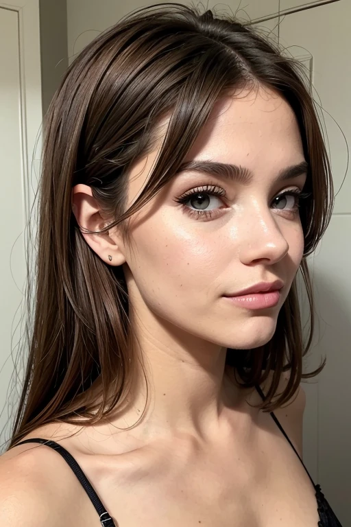pussy, Belle fille, Marron_eyeeautiful mince adolescente de 18 ans, cheveux color [Brown highlights cheveux], [Pixie undercut] cheveux)), boucles d’oreilles, lèvres, Réaliste, taille étroite, charmant, pink lèvrestick, maquillage coloré, Cils longs, boucles d’oreilles, porter de l’eye-liner, peau claire, (mignon), (face détaillée), Yeux détaillés, Iris détaillé, en nuisette de nuit, pyjama,  