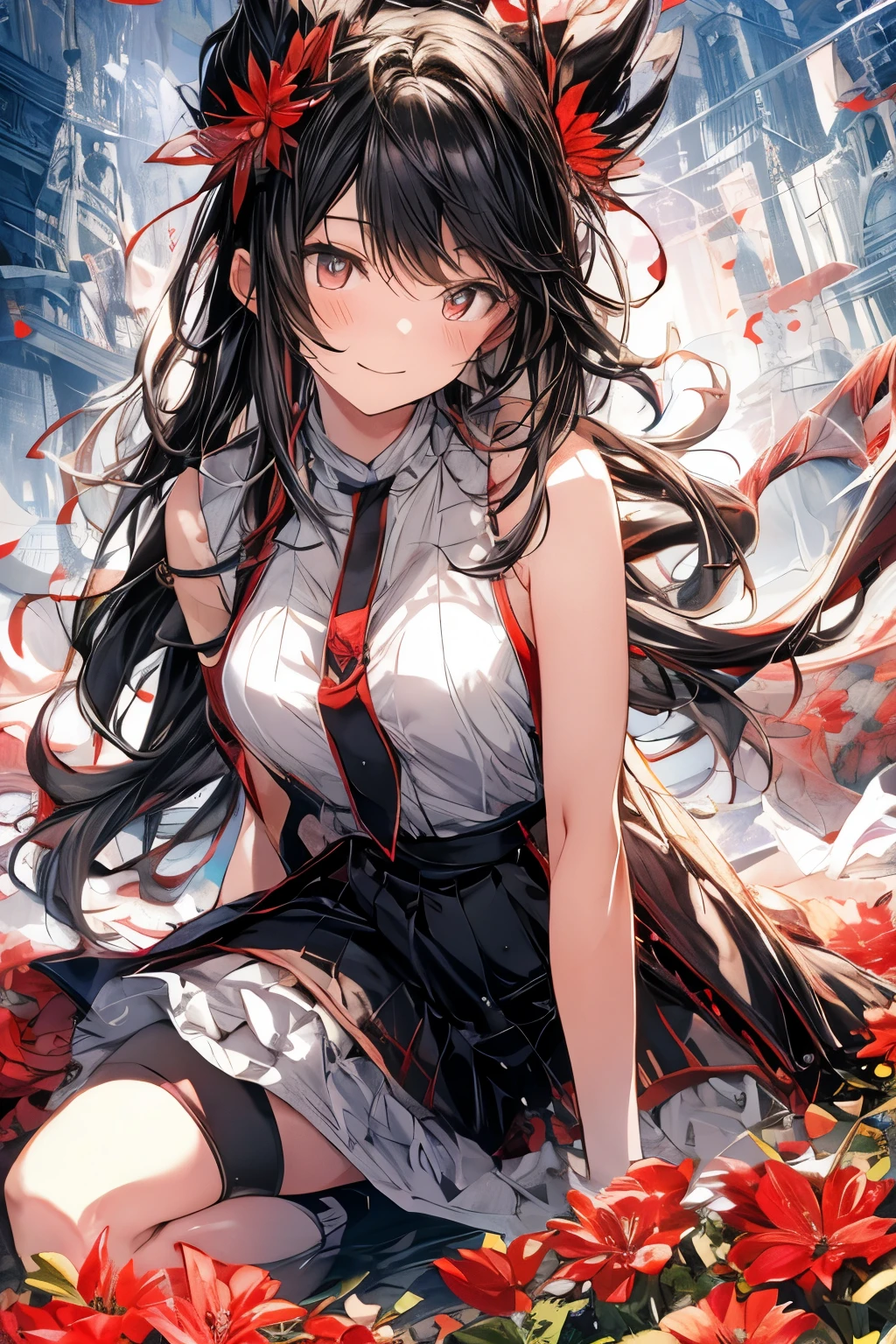 For profit, utaha kasumigaoka, Black Hair, hair band, Long Hair, (Red eyes:1.5),happy smile, smile, Open your mouth, Black sleeveless dress,Bare arms,Long skirt,Cute Sandals,whole bodyがイラストに入るように,Daytime,Clear skies,
break looking at viewer,whole body,
break outdoors, In town,Building district,bridge、
break (masterpiece:1.2), highest quality, High resolution, unity 8k wallpaper, (figure:0.8), (Beautiful fine details:1.6), Highly detailed face, Perfect lighting, Highly detailed CG, (Perfect hands, Perfect Anatomy),