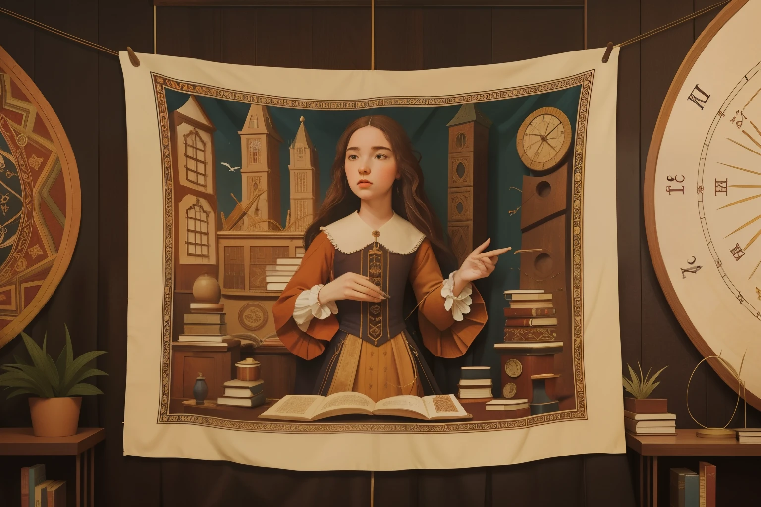 1660s Time-Weaver’s Tapestry (Location: Time-Weaver’s Tower)
Character: A time-weaving , with a tapestry of temporal threads, works magic in the Time-Weaver's Tower during the 1660s. Wes Anderson's tapestry palette captures the intricate patterns of time.