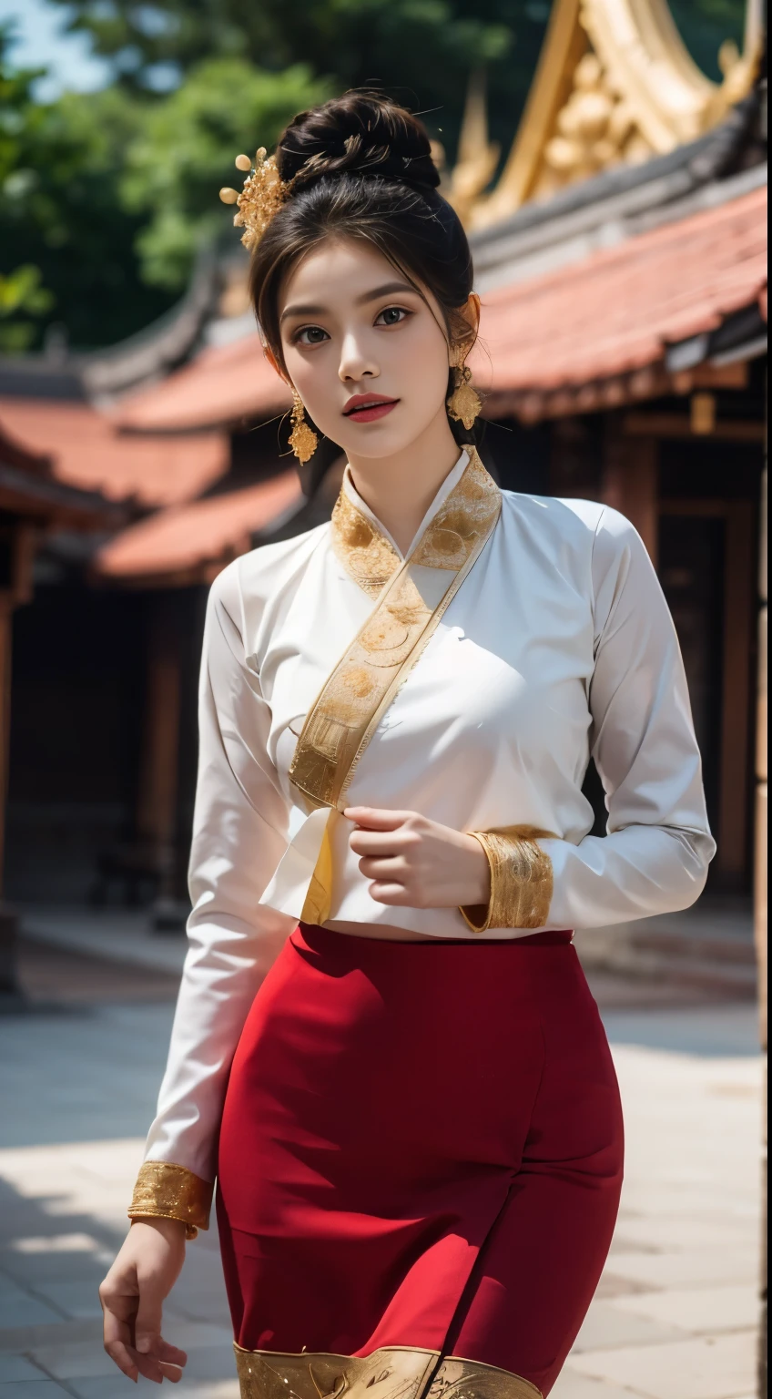 A beautiful young woman of Tai Khun descent, adorned in a meticulously crafted Keng Tong Tai Khun traditional outfit, stands gracefully against the backdrop of the majestic Bagan temples. Her attire shimmers with intricate embroidery and gold accents, each element carefully chosen to reflect the rich cultural heritage of her people.

Details:

Facial features: The woman's face is radiant and youthful, with delicate features and captivating eyes that sparkle with warmth and intelligence. Her hair is styled in a messy bun adorned with fresh flowers and secured with a gold pin, adding a touch of elegance and whimsy.
Traditional outfit: The Keng Tong Tai Khun outfit is a masterpiece of craftsmanship, featuring vibrant silks, intricate embroidery, and delicate gold embellishments. The long, flowing skirt cascades gracefully around her legs, while the fitted bodice accentuates her slender figure. A traditional headdress adds a regal touch to her ensemble.
Accessories: The woman's beauty is further enhanced by a dazzling array of traditional jewelry. Bangle bracelets encircle her wrists, a statement necklace adorns her neck, and delicate earrings dangle from her ears. Each piece is intricately crafted and adds a touch of luxury to her overall look.
Bagan temples background: The ancient Bagan temples provide a breathtaking backdrop for the portrait. Their weathered brickwork and towering spires add a touch of grandeur and mystery to the scene. The warm hues of the sunrise or sunset bathe the temples in a golden glow, creating a truly magical atmosphere.