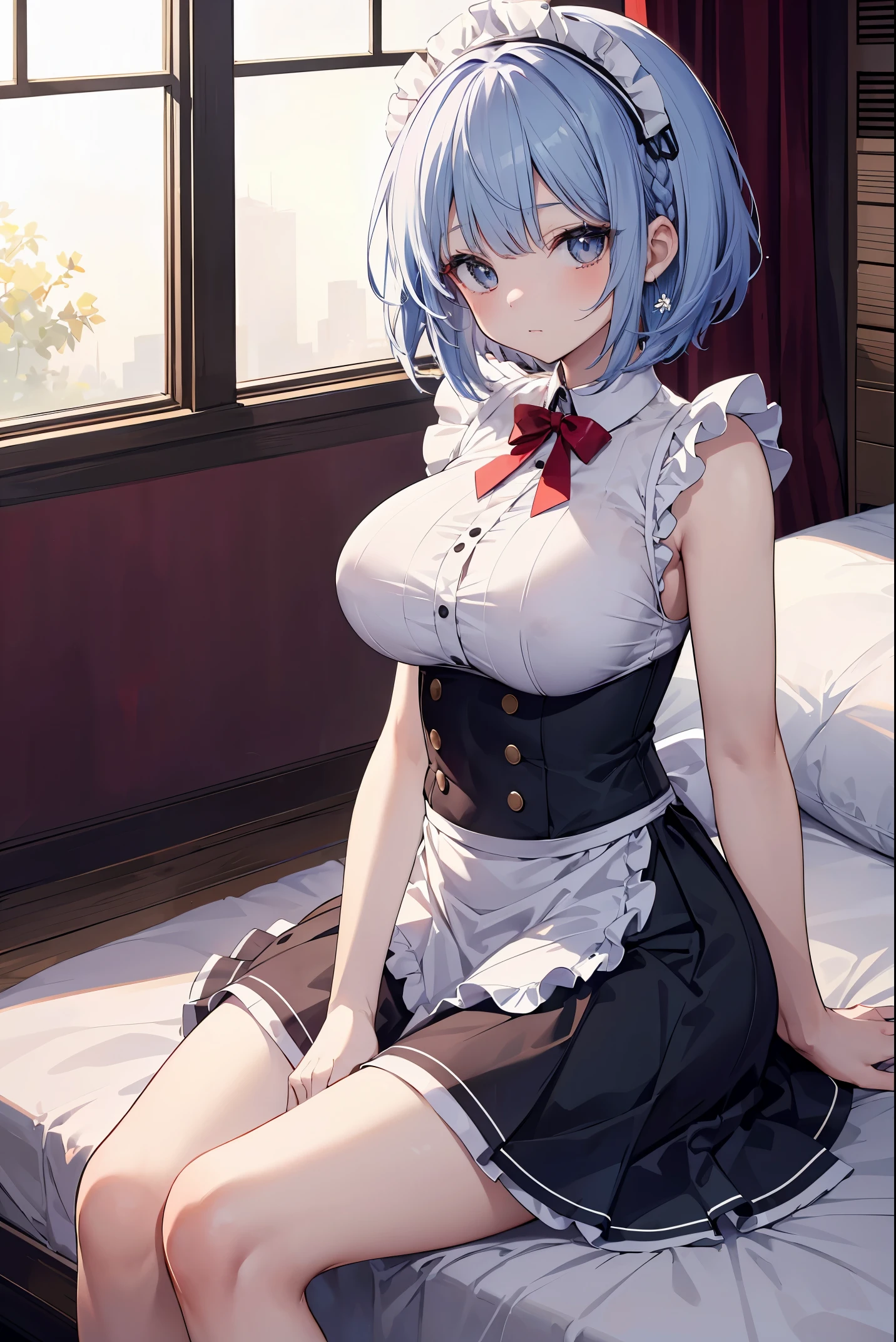 (masterpiece:1.2), hyper detail, best quality, (intricate_details:1.1), beautiful detailed, beautiful hair,short cut hair,1girl,Rem,(sweating:1.2),(steam:1.4),heavy breathing,steam,blush,shoulder,((maid)),cleavage,dark,backlighting, shoulder focus,breasts focus,greasy breasts,breasts focus, shoulder focus,lying on bed,armpit,BREAK (vaginal sex,reverse cowgirl position:1.5),open mouth,