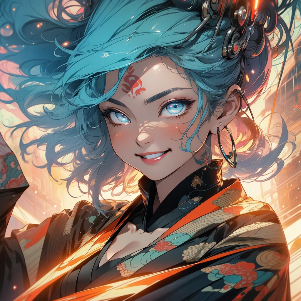 (((highest quality))),(((detailed eyes))),(((32k))),(1 girl),flashyな色の髪,(tattoo),cyber punk,kimono,((Luxurious and gorgeous)),Shiny skin,earrings,flashy,((Super beautiful woman)),(perfect face),Japanese sword,ultimate texture,official art,Ukiyo-e,stylish,photograph,perfect body,smile,Bewitching,Highest image quality,Super clear,real,fantasy,(Near the future),ninja,((perfect eyes)),big breasts,((cleavage)),highlight,挑発的なsmile,stick out tongue,split tongue,mechanical,mandala,Pouring rain,Majestic,apotheosis,