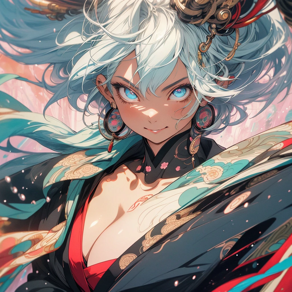 (((highest quality))),(((detailed eyes))),(((32k))),(1 girl),flashyな色の髪,(tattoo),cyber punk,kimono,((Luxurious and gorgeous)),Shiny skin,earrings,flashy,((Super beautiful woman)),(perfect face),Japanese sword,ultimate texture,official art,Ukiyo-e,stylish,photograph,perfect body,smile,Bewitching,Highest image quality,Super clear,real,fantasy,(Near the future),ninja,((perfect eyes)),big breasts,((cleavage)),highlight,挑発的なsmile,stick out tongue,split tongue,mechanical,mandala,Pouring rain,Majestic,apotheosis,