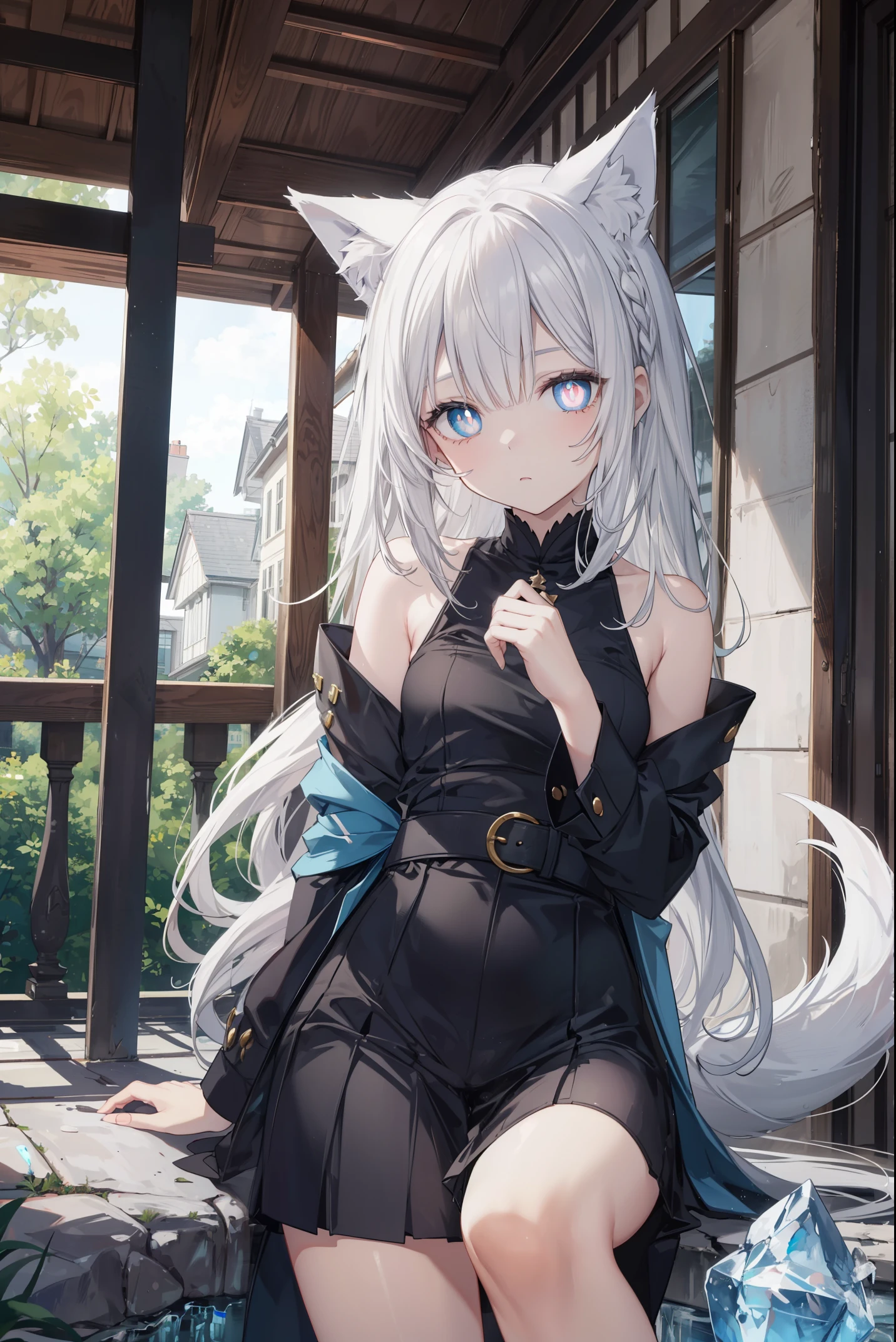 beautiful neko-wolfgirl, silver hair, wolf ears, and tail, bright blue eye's, icy, (unusual pupils), (glowing eyes), (magic eyes), more_details:-1, more_details:0, more_details:0.5, more_details:1, more_details:1.5, masterpiece, on a porch looking at mr