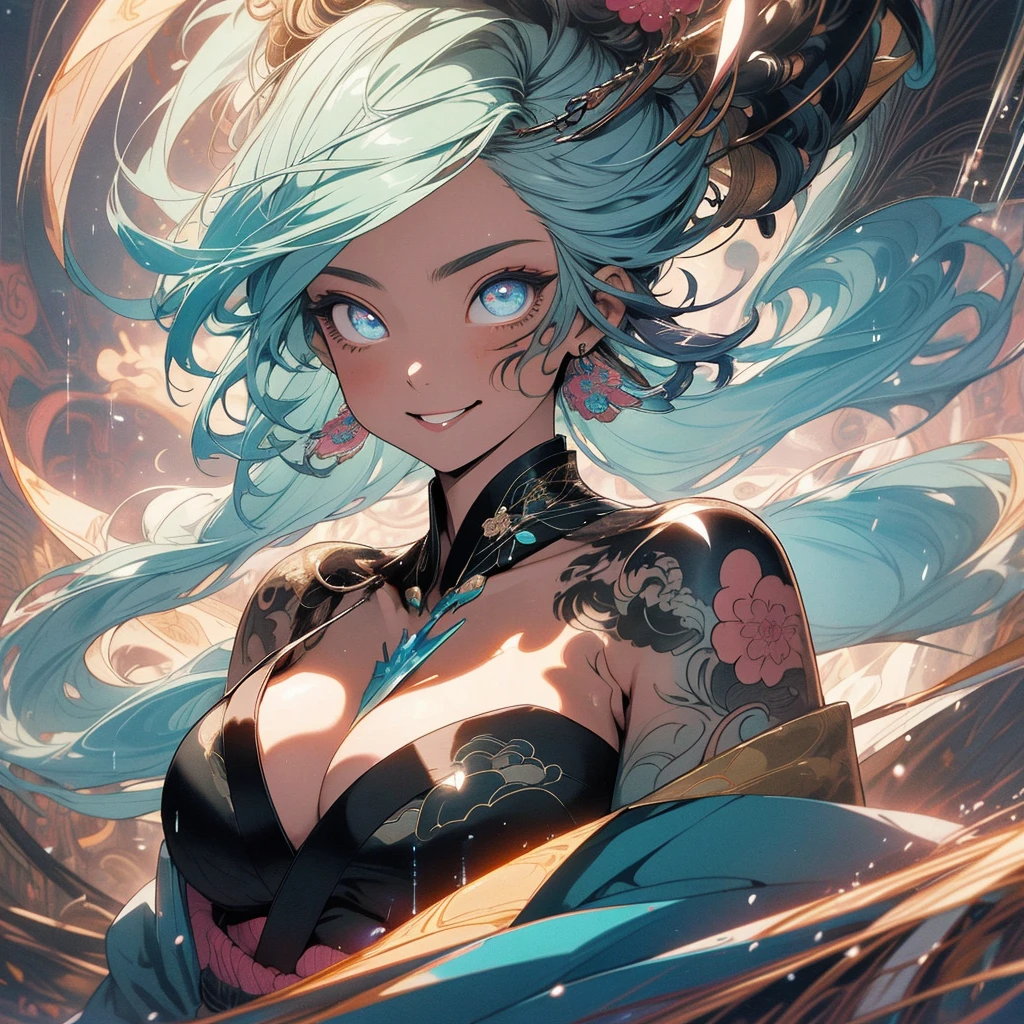 (((highest quality))),(((detailed eyes))),(((32k))),(1 girl),flashyな色の髪,(tattoo),cyber punk,kimono,((Luxurious and gorgeous)),Shiny skin,earrings,flashy,((Super beautiful woman)),(perfect face),Japanese sword,ultimate texture,official art,Ukiyo-e,stylish,photograph,perfect body,smile,Bewitching,Highest image quality,Super clear,real,fantasy,(Near the future),ninja,((perfect eyes)),big breasts,((cleavage)),highlight,挑発的なsmile,stick out tongue,split tongue,mechanical,mandala,Pouring rain,Majestic,apotheosis,