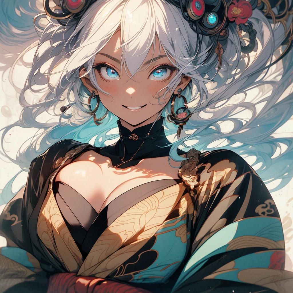 (((highest quality))),(((detailed eyes))),(((32k))),(1 girl),flashyな色の髪,(tattoo),cyber punk,kimono,((Luxurious and gorgeous)),Shiny skin,earrings,flashy,((Super beautiful woman)),(perfect face),Japanese sword,ultimate texture,official art,Ukiyo-e,stylish,photograph,perfect body,smile,Bewitching,Highest image quality,Super clear,real,fantasy,(Near the future),ninja,((perfect eyes)),big breasts,((cleavage)),highlight,挑発的なsmile,stick out tongue,split tongue,mechanical,mandala,Pouring rain,Majestic,apotheosis,