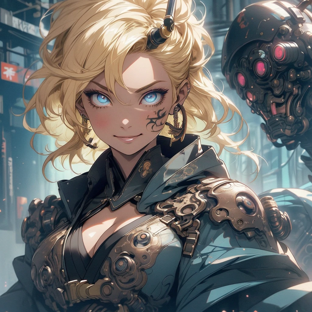 (((highest quality))),(((detailed eyes))),(((32k))),(1 girl),blonde,(tattoo),(cyber punk),kimono,((Luxurious and gorgeous)),Shiny skin,earrings,flashy,((Super beautiful woman)),(perfect face),Japanese sword,ultimate texture,official art,Ukiyo-e,stylish,photograph,perfect body,smile,Bewitching,Highest image quality,distinct,real,fantasy,(Near the future),ninja,((perfect eyes)),big breasts,((cleavage)),highlight,挑発的なsmile,stick out tongue,split tongue,((mechanical)),inflammation,(steampunk),