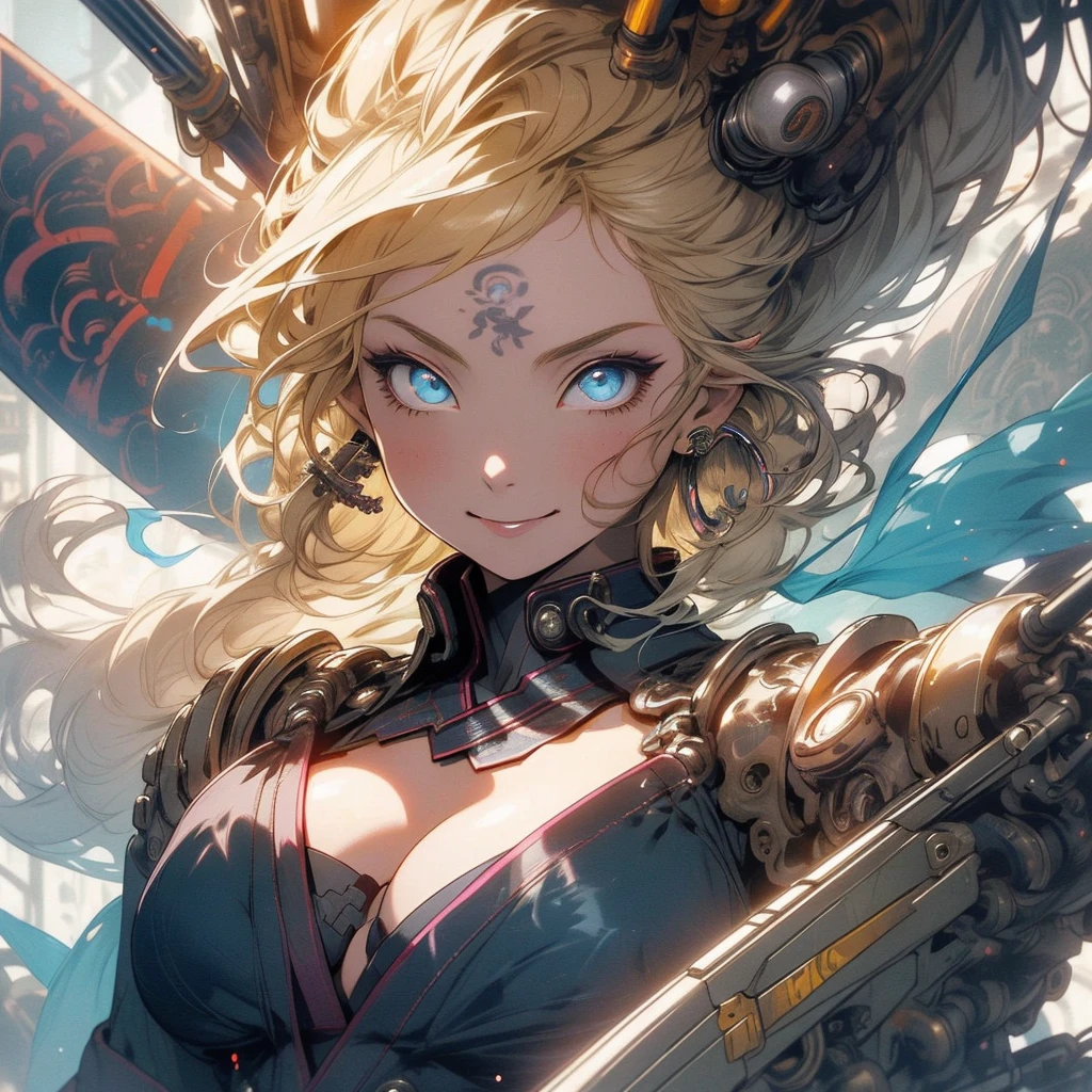 (((highest quality))),(((detailed eyes))),(((32k))),(1 girl),blonde,(tattoo),(cyber punk),kimono,((Luxurious and gorgeous)),Shiny skin,earrings,flashy,((Super beautiful woman)),(perfect face),Japanese sword,ultimate texture,official art,Ukiyo-e,stylish,photograph,perfect body,smile,Bewitching,Highest image quality,distinct,real,fantasy,(Near the future),ninja,((perfect eyes)),big breasts,((cleavage)),highlight,挑発的なsmile,stick out tongue,split tongue,((mechanical)),inflammation,(steampunk),