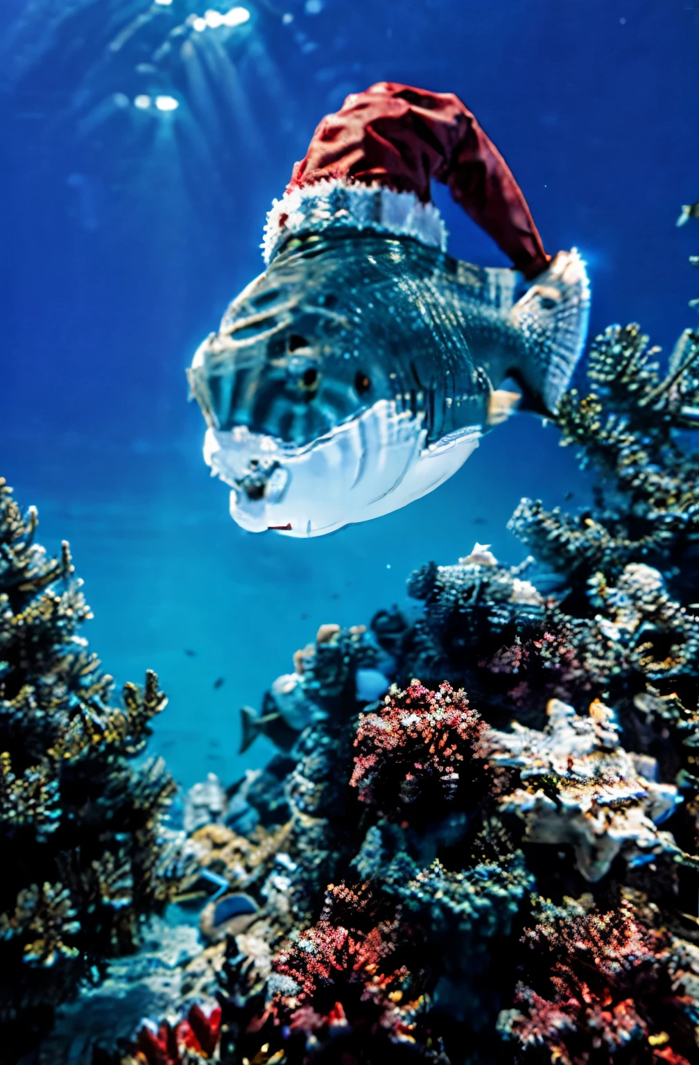 Underwater Xmas Scene. Detailed Shark, side view, on the top of the shark a small Santa Claus hat, Santa Claus dress. Shark swims among seaweed dressed up as a Christmas tree. Glittering glass spheres, flashes of electric garlands