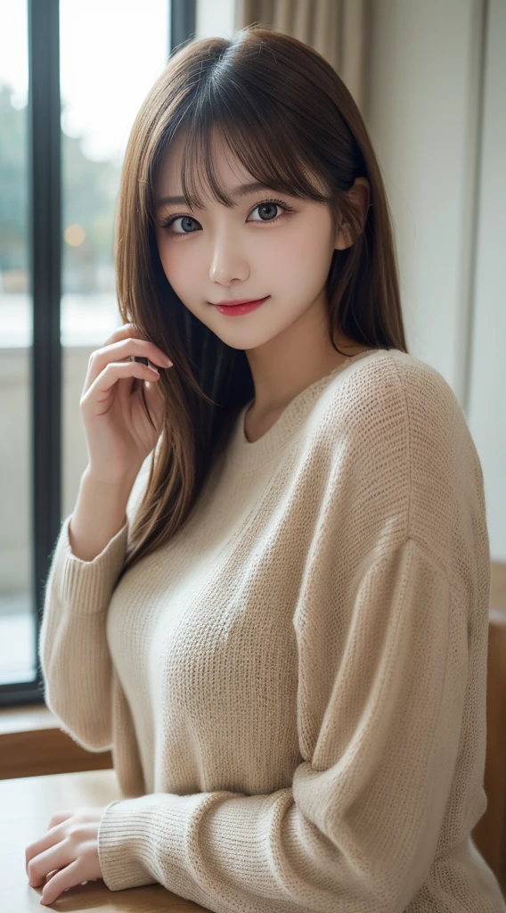 table top, highest quality, figure, super detailed, finely, High resolution, 8k wallpaper, 完璧なダイナミックな構figure, beautiful and fine eyes, Winter clothes,medium hair,small breasts,natural color lip, bold sexy pose,luxury home bedroom、20 year old girl、cute、sexy looking at camera,RAW photo,blur the background,perfect and beautiful face,Take photos away from your face、body whole、smile