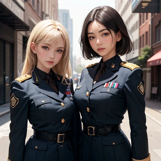 masterpiece, best quality, ultra detailed, beautiful face, beautiful skin, photorealistic, (professional lighting:1.4), breast press each other, (2 girls:1.5), bronzer, light smile, (((on the left is small breasts girl with (very:2.0) short black hair))), (((a little further away on the right is large breasts girl with long blonde hair))), (military uniform:1.4), looking at viewer, cowboy shot, in business district, ultra detailed background, focus on face, sharp image