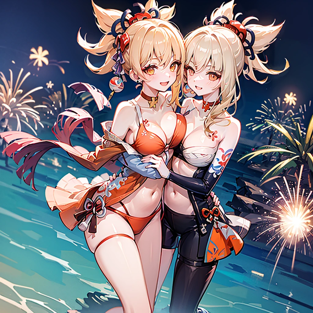 Two girls of the same height smiling in the water,No teeth exposed. Female twins, bright colors,natural lighting, best quality, Chest to chest, A masterpiece of two arms embracing the sun, Navel exposed, blush, Navel exposed, Orange swimsuit, full, excellent, Next to each other, The breasts are close to each other, Slim 2 girls huge breasts clear 4k as tall