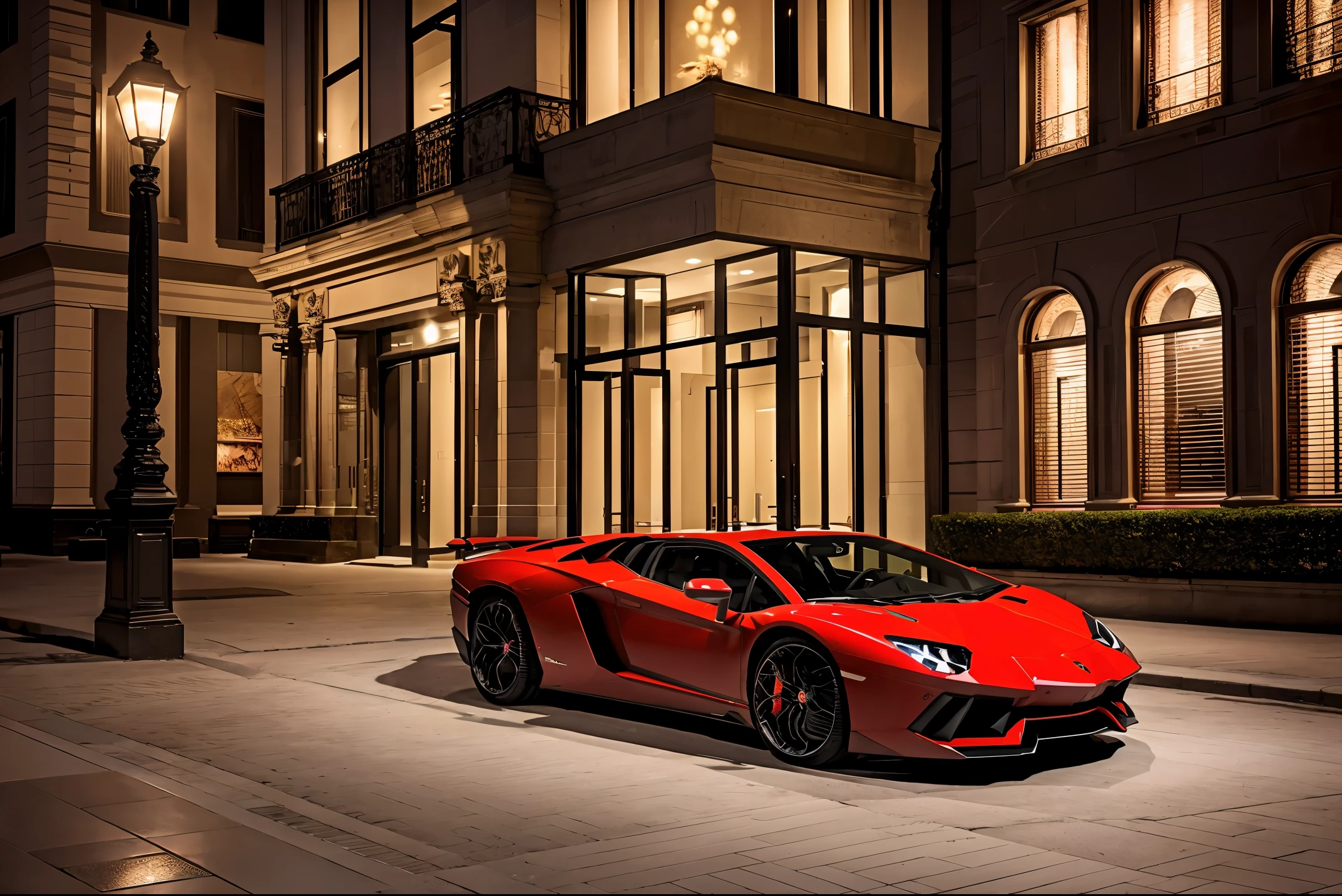 red lamborghini aventador　　precision and high quality　Realistic three-dimensional feel　beautiful background　Street parking in front of the marble entrance of a luxury apartment building.　beautiful lighting　beautiful street　stylish apartment　(shot from the side:1.3) beautiful night lights　