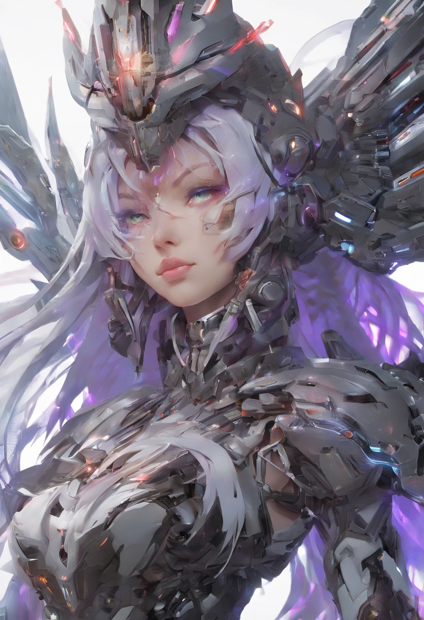 top-quality、masterpiece、超A high resolution、(Photorealsitic:1.4)、Raw photo、Steampunk Battle Cyborg Angel、large wings made of metal、White porcelain body、Acrylic Clear Cover、white hair、glowy skin、1 Cyborg Girl、((super realistic details))、portlate、globalillumination、Shadow、octan render、8K、ultrasharp、character edge light,Colossal tits、Raw skin is exposed in cleavage、Details of complex ornaments、Sumerian details、Hydraulic cylinder、Small LED lamp、highly intricate detail、Realistic light、a purple eye、radiant eyes、Facing the camera、neon details、cowboy shot、Futuristic headgear、About Cyberpunk、、