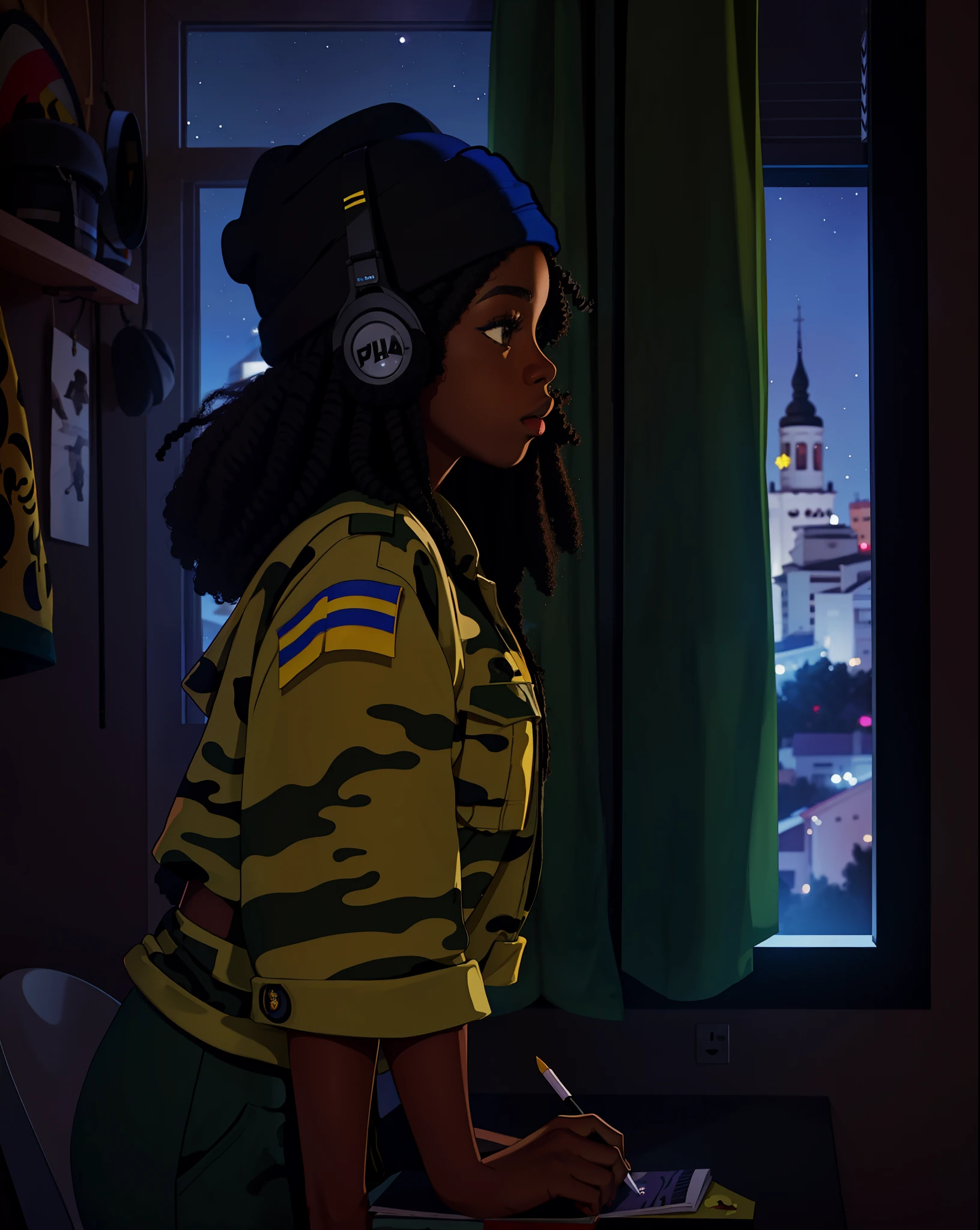 lofistudy, 1girl, writing, from side,ghanian girl, afro hair, long hair, headphones, beanie, camouflage uniform, window, ukraine background, night, ebony skin, ghana flag on uniform