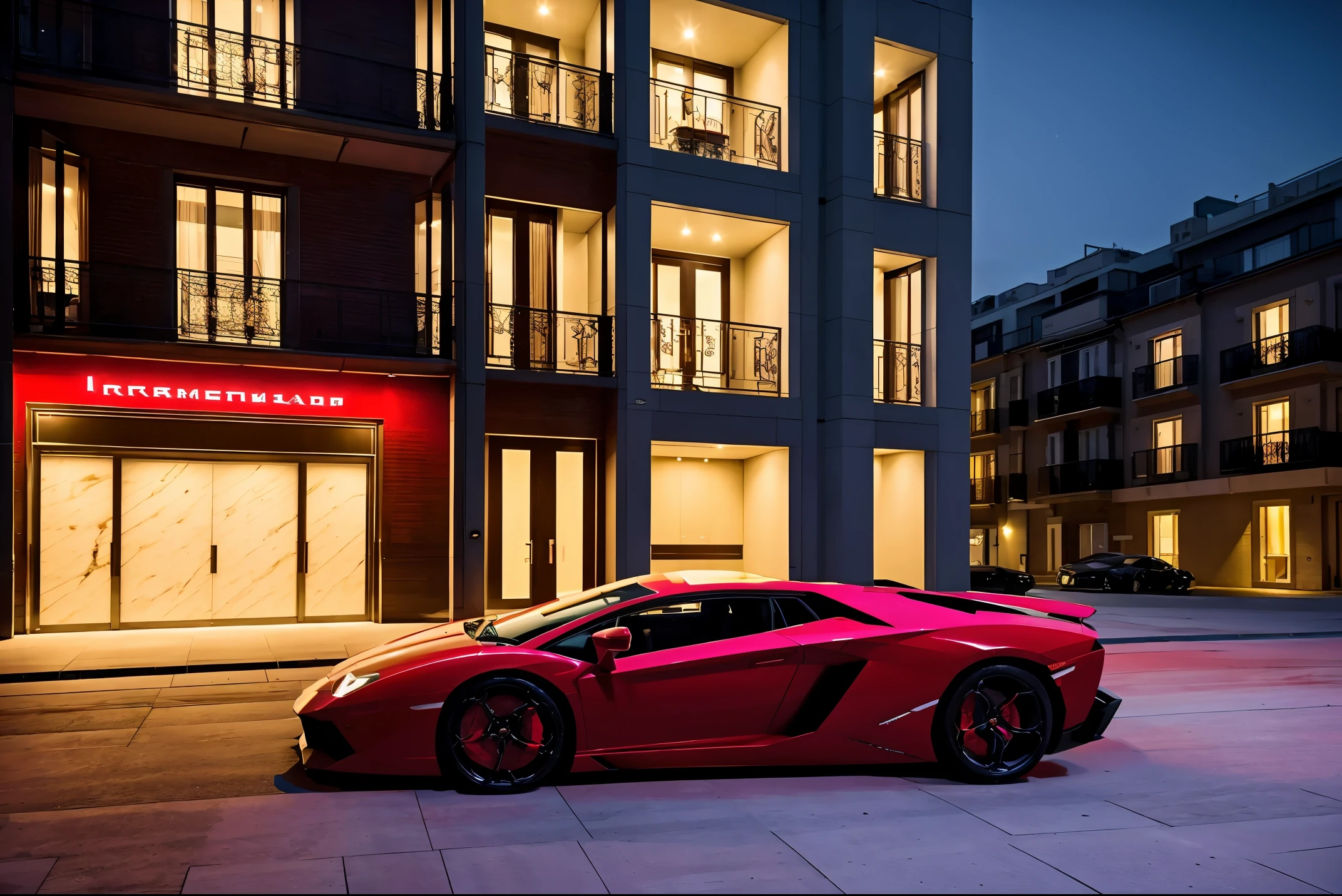 red lamborghini aventador　　precision and high quality　Realistic three-dimensional feel　beautiful background　Street parking in front of the marble entrance of a luxury apartment building.　beautiful lighting　beautiful street　stylish apartment　(shot from the side:1.3) very beautiful night light　