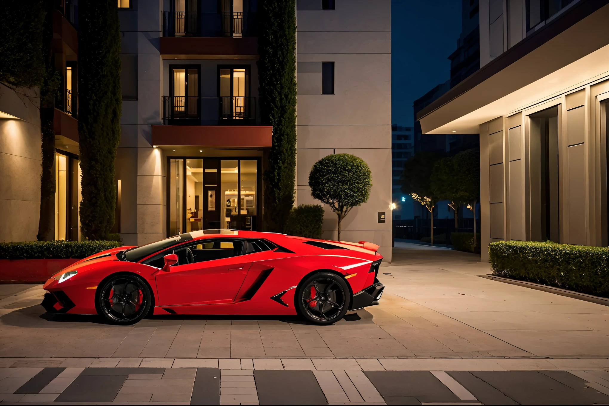 red lamborghini aventador　　precision and high quality　Realistic three-dimensional feel　beautiful background　Street parking in front of the marble entrance of a luxury apartment building.　beautiful lighting　beautiful street　stylish apartment　(shot from the side:1.3) very beautiful night light　