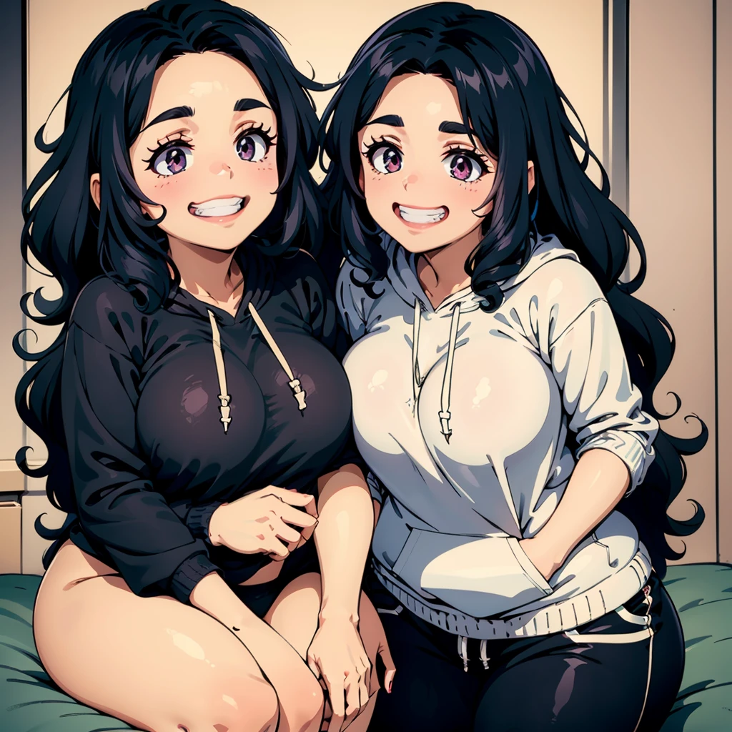 Eto_OCC,1 girl,
black hair,curly hair,long hair,
thick eyebrows,
hoodie,grin and laugh,