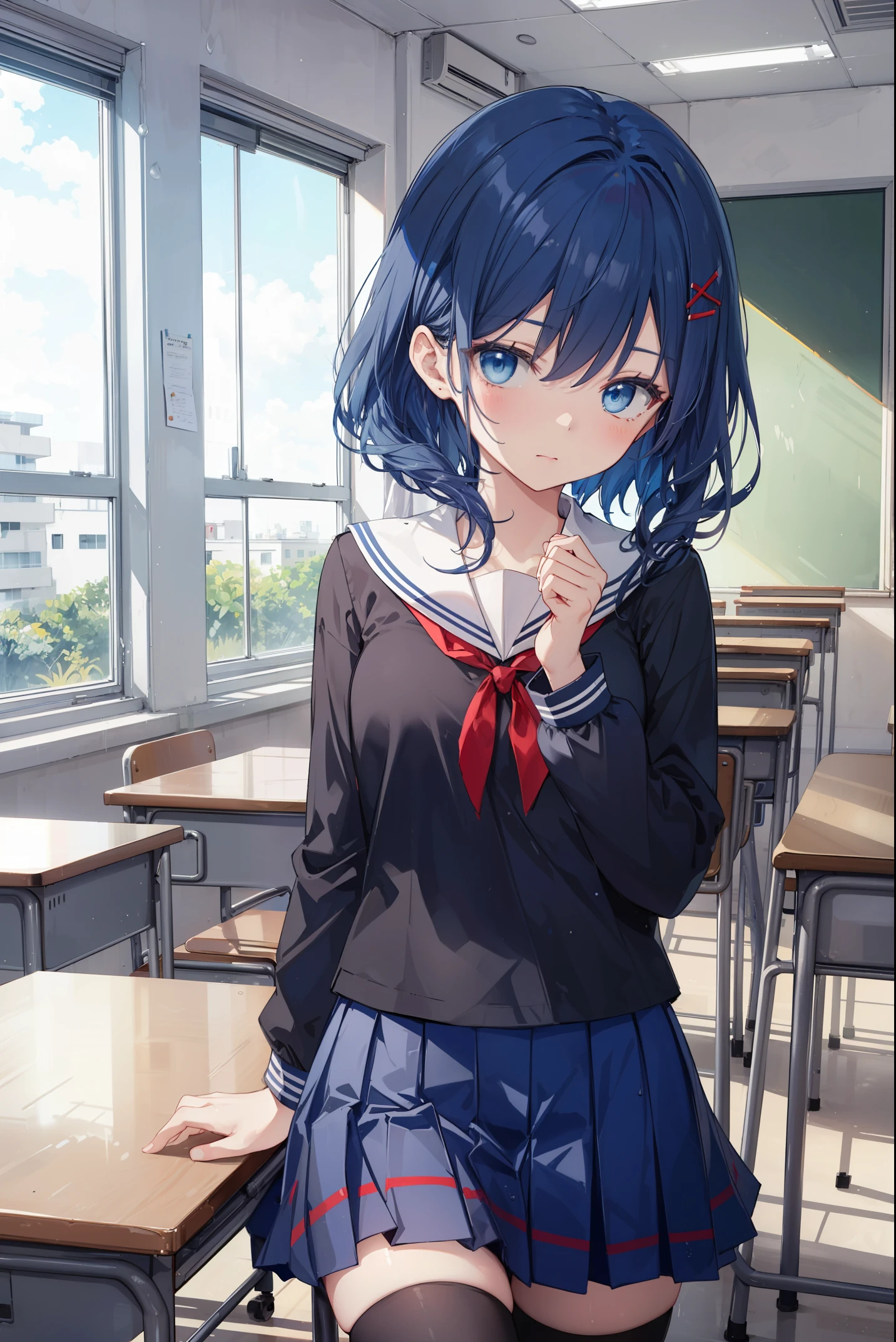 dark_blue_hair,1_beautiful_girl,cute_face,beautiful,best_quality,good_anatomy,blue_sailor_suits,blue_skirts,zettai_ryoiki,red_ribbon,classroom,blackboad,desk,chair,Windows