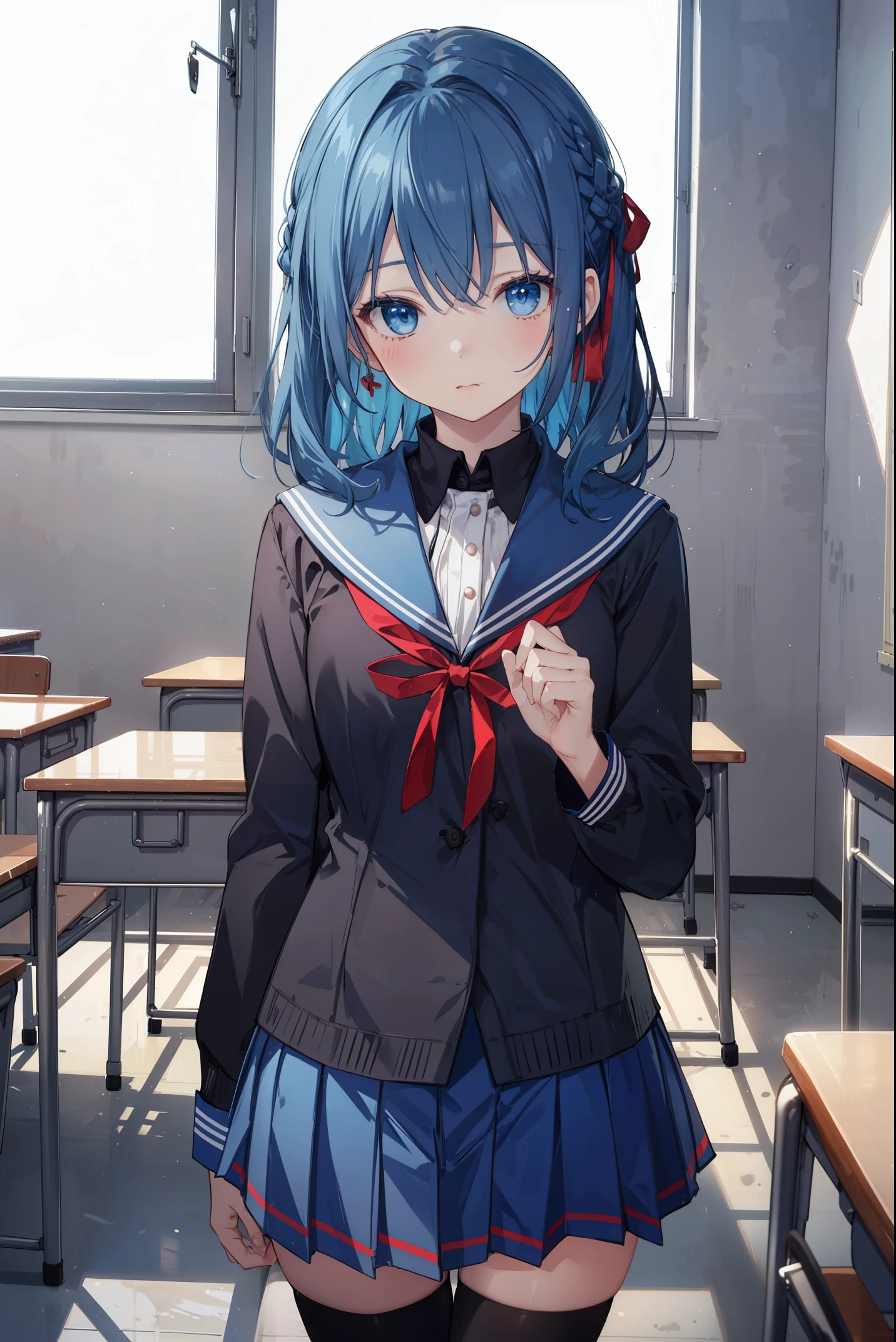 dark_blue_hair,1_beautiful_girl,cute_face,beautiful,best_quality,good_???????,blue_sailor_suits,blue_skirts,zettai_ryoiki,red_ribbon,classroom,blackboad,desk,chair,Windows