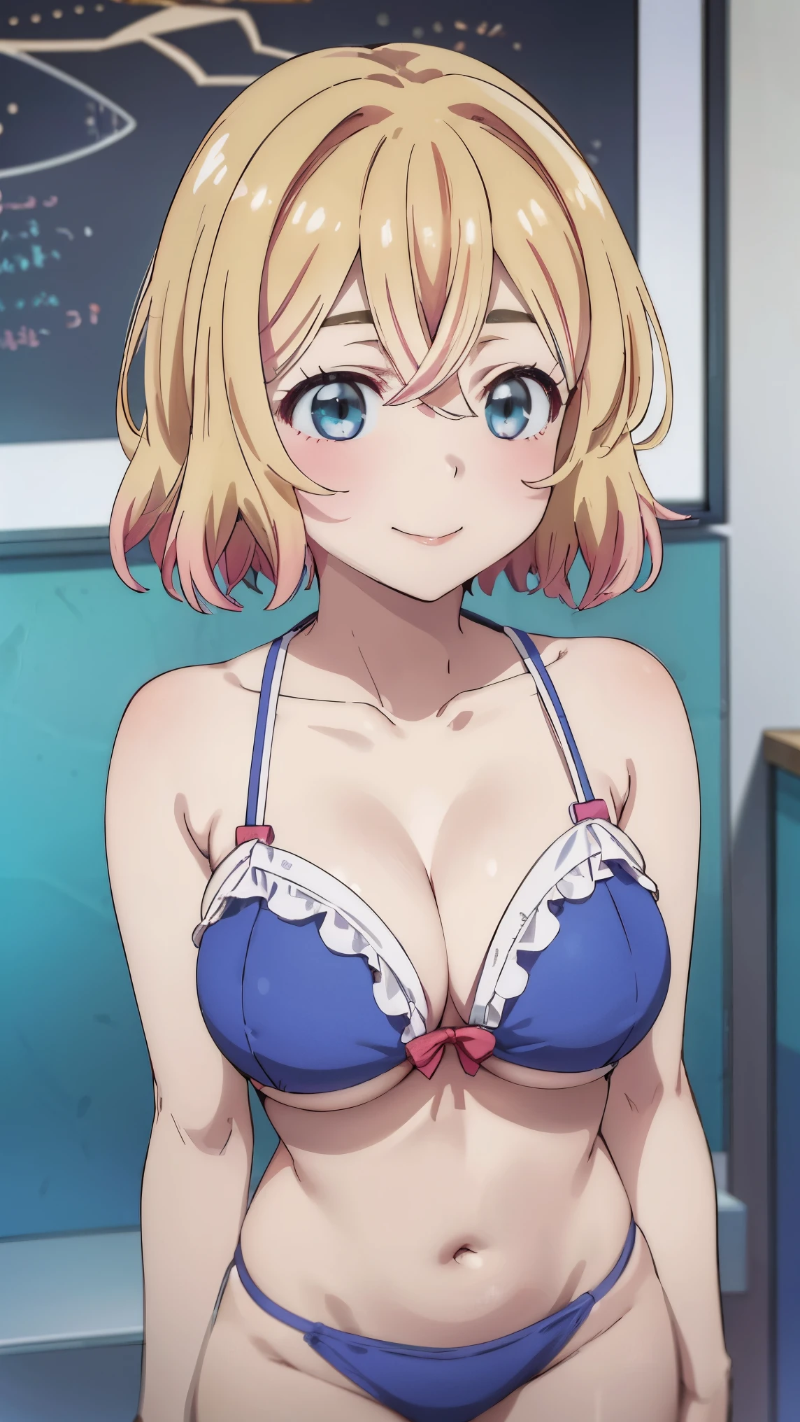 (((pixel-perfect, detail-perfect))), solo, 1girl, mami nanami, big boobs, bikini, bare shoulders, looking at viewer, smile, standing, upper body: 1.0