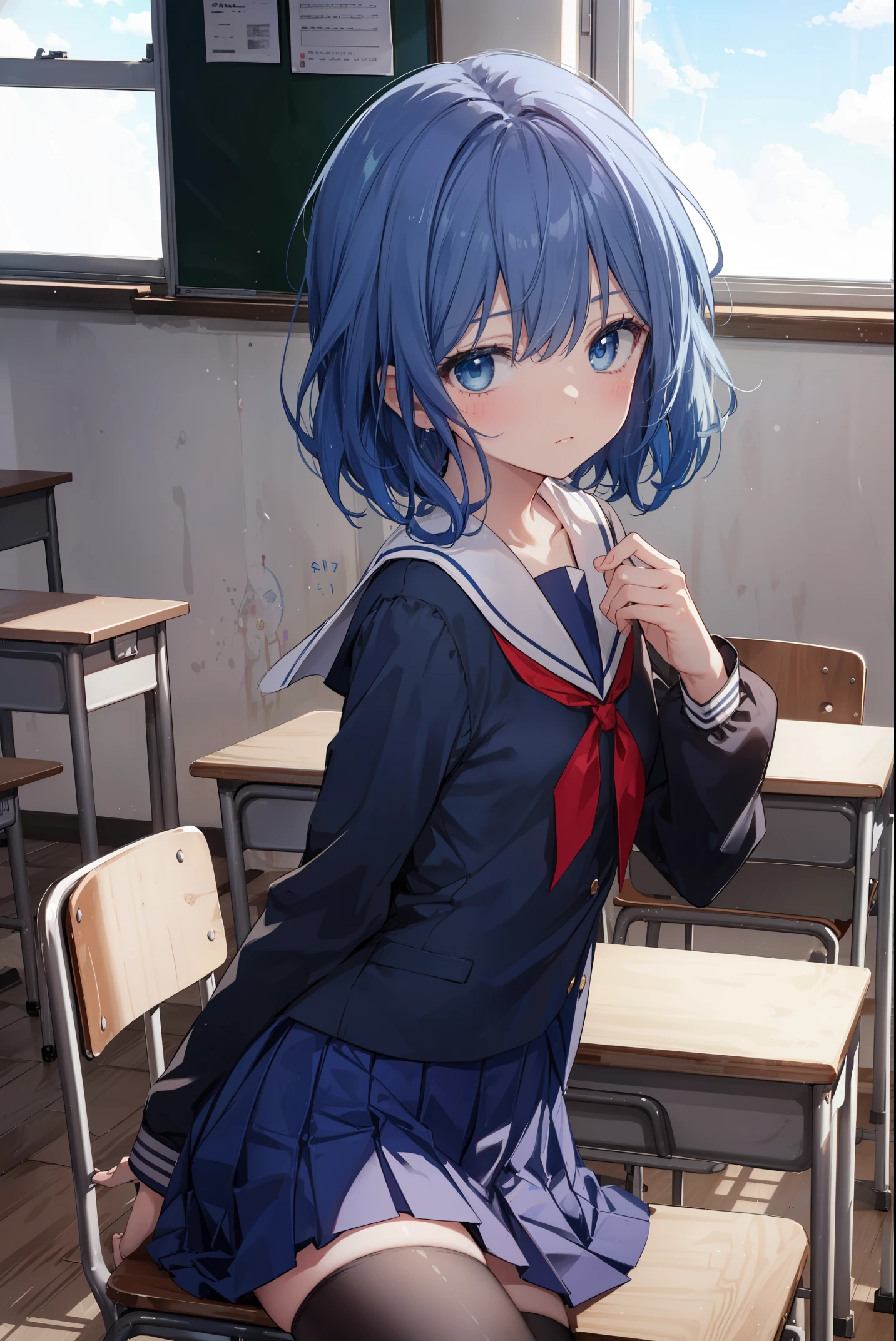 nsfw,NijinoSaki, 1 girl, alone, Kyoni,Voluptuous body,Blue School Uniform, yellow bow, blue serafuku, long sleeve, looking at the viewer, bow, character name,mini skirt,sailor collar, blue skirt,
school room,
masterpiece, expensive quality, very_expensive_solve, big_file size, full color,sit on a chair,pov,from below,(spread legs:1.3),(kirt lift:1.3),(panty shot:1.3),aroused