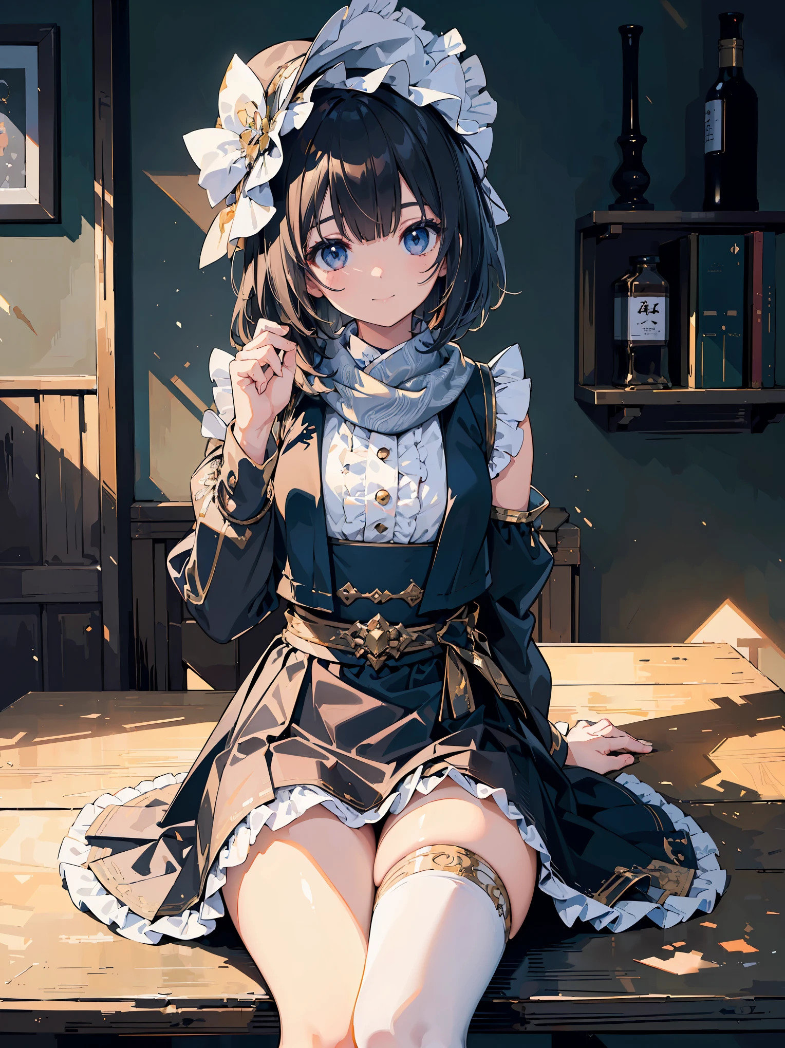(Super highest quality work by the creator god: 1.4), (absolute resolution: 1.4), (highest masterpiece by the curatorial god: 1.4), Surrealistic work, (complicated, meticulous and detailed realistic materials, textures and light sources: 1.3), (Perfect Anatomy: 1.2),

BREAK

((tabletop, perfect pixels, 8K wallpaper)), 1 girl, single, solo, reincarnation of the goddess of beauty Aphrodite, unparalleled beauty, slender waist, toned oblique muscles, outstanding looks, Top of the noble class system, bonnet (clothing), scarf, ultra-luxury woolen long-sleeved bodice and skirt dress, overskirt, apron, sleeveless jacket-like jacket over the long-sleeved bodice, black high-quality leather loafers , frills, lace, looking up from above, stone pavement, thin bob with one-length braid, (hair growing from one eye), (dappled sunlight: 1.2), fantastic particle-like light source, Blurred background, (depth of field: 1.5), tilt of head, looking at viewer from behind, looking back, flexible body, ribbon,
Japanese school classroom scene, wood, sitting innocently on the desk, ultra-dense skin, (,, thighs open to the left and right: 1.2, absolute area: 1.3),

BREAK

(Depth of field: 1.4), looking at the viewer, (cute smile, upper eyes),

BREAK

, Super detailed skin, (Best lighting by a famous artist: 1.2), 8K, (Acting instruction on attractive poses by a famous master: 1.4), Cute illustrations.
